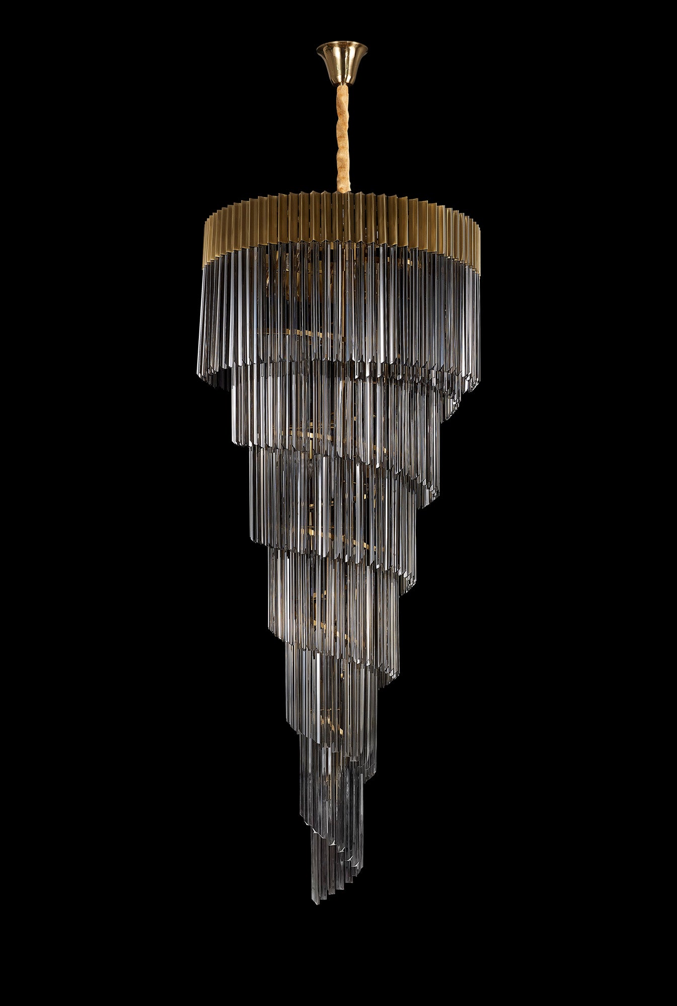 Longhorn 90cm Pendant Round 7 Layer Spiral 31 Light E14, Brass / Smoke Sculpted Glass, Item Weight: 93kg