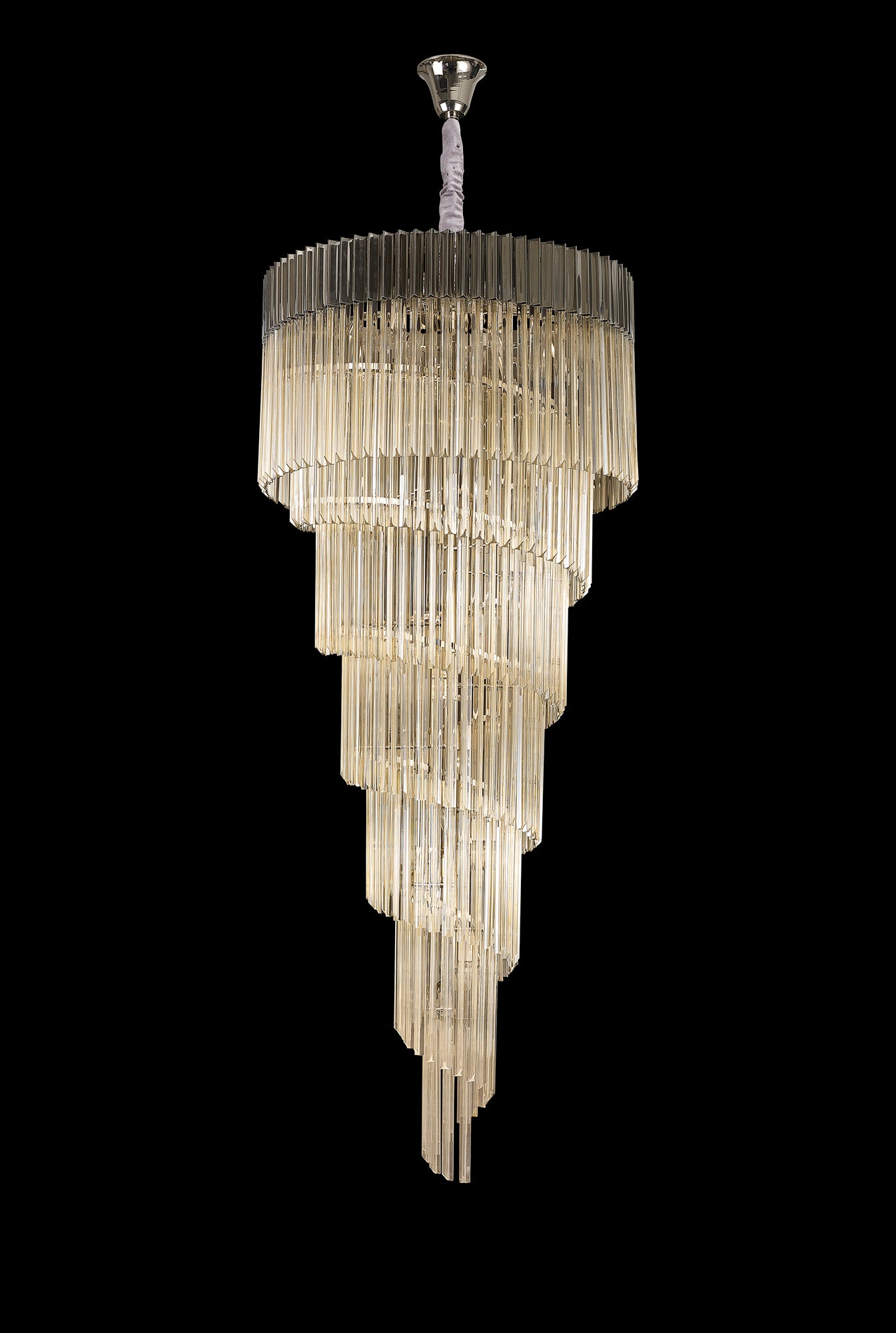 Longhorn 90cm Pendant Round 7 Layer Spiral 31 Light E14, Polished Nickel / Cognac Sculpted Glass, Item Weight: 93kg