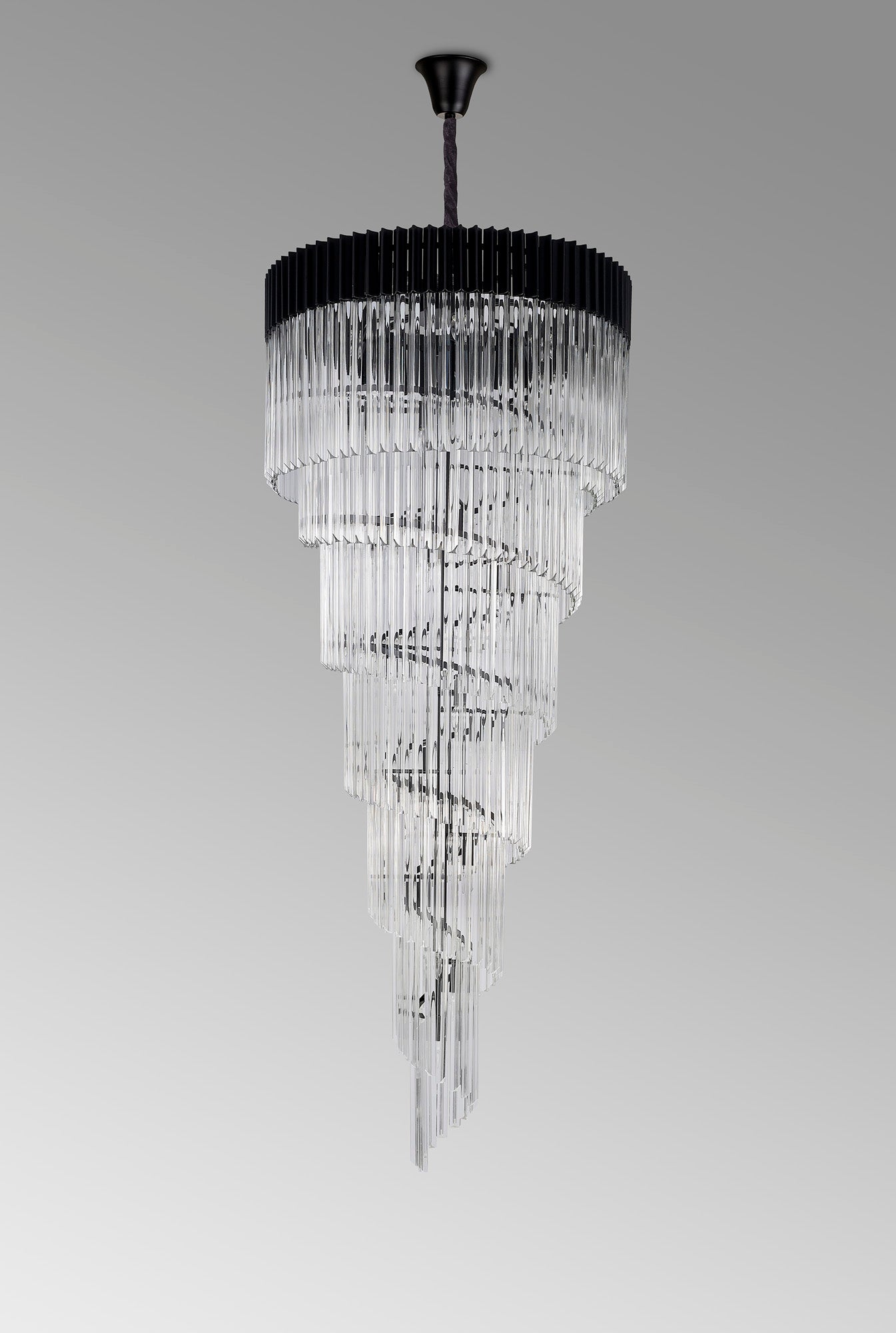 Longhorn 90cm Pendant Round 7 Layer Spiral 31 Light E14, Matt Black / Clear Sculpted Glass, Item Weight: 92.7kg