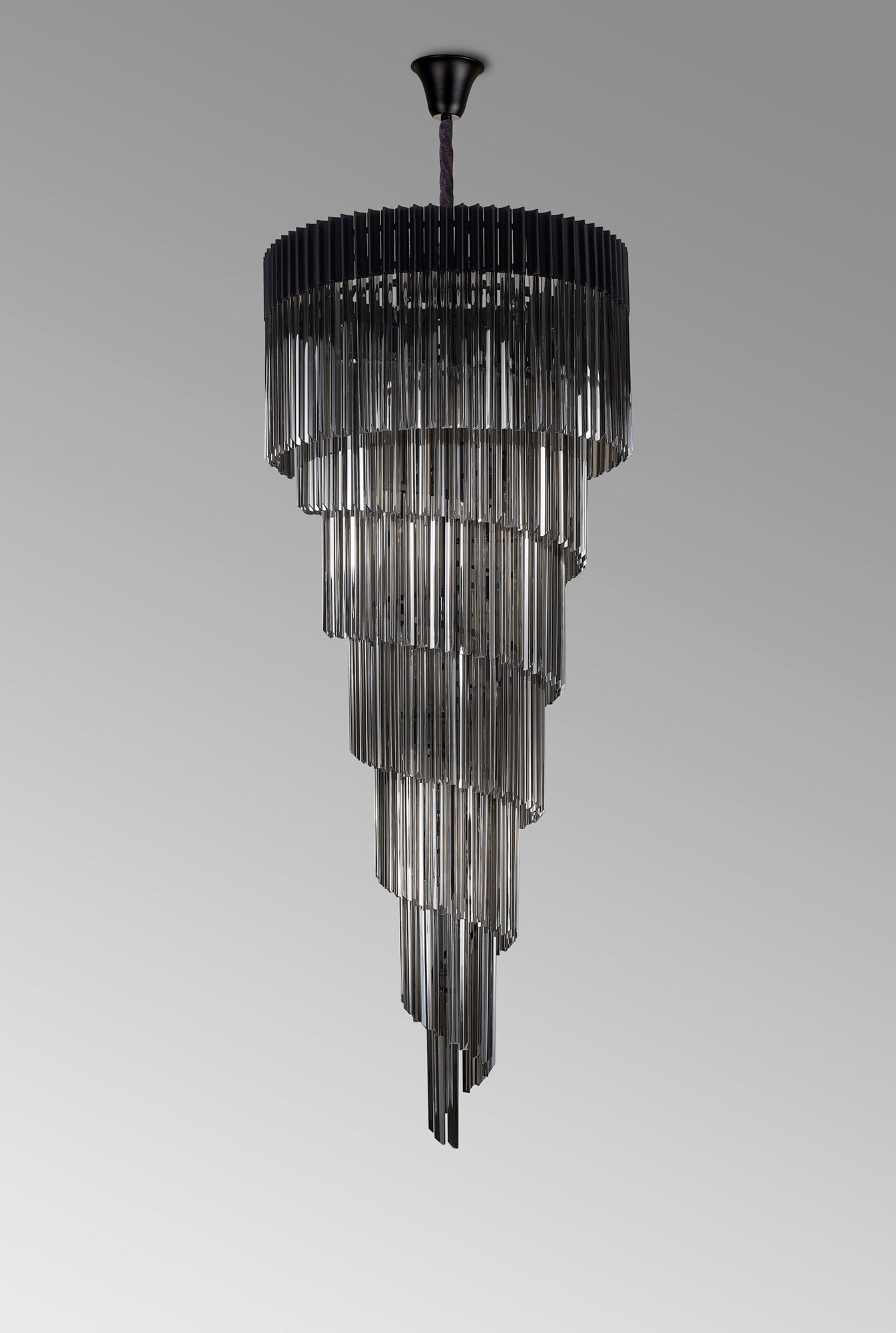 Longhorn 90cm Pendant Round 7 Layer Spiral 31 Light E14, Matt Black / Smoke Sculpted Glass, Item Weight: 93kg