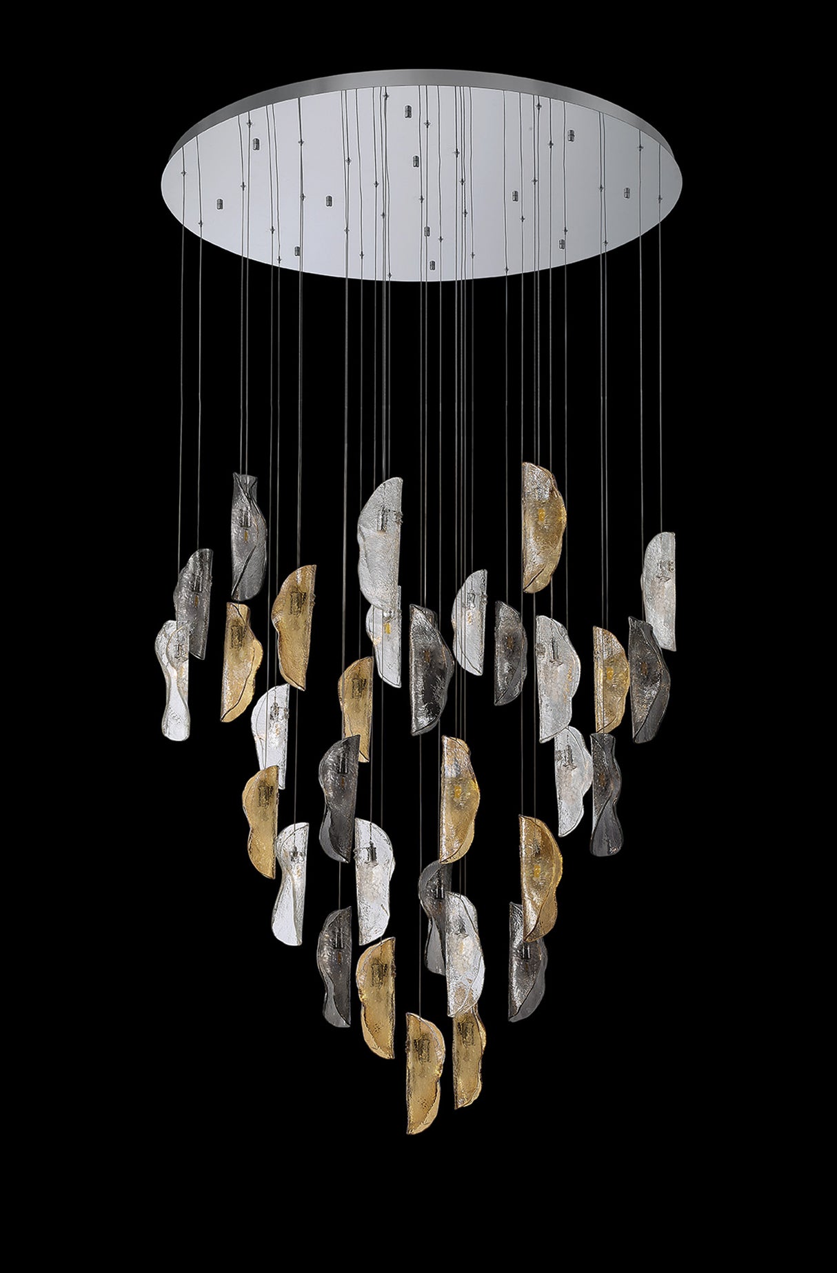 Young Pendant 6m, 32 x G9, Polished Chrome / Clear & Amber & Smoked Glass Item Weight: 64kg