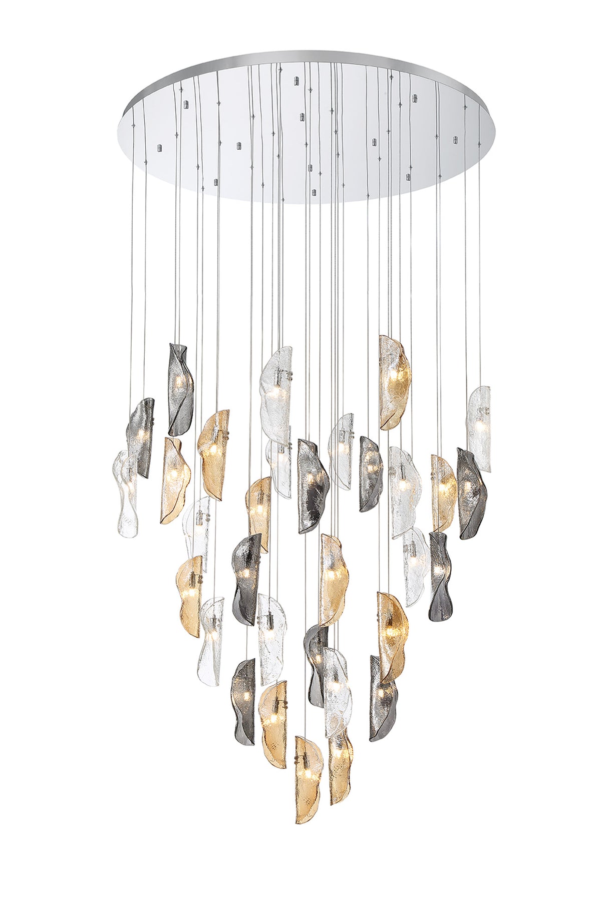 Young Pendant 6m, 32 x G9, Polished Chrome / Clear & Amber & Smoked Glass Item Weight: 64kg