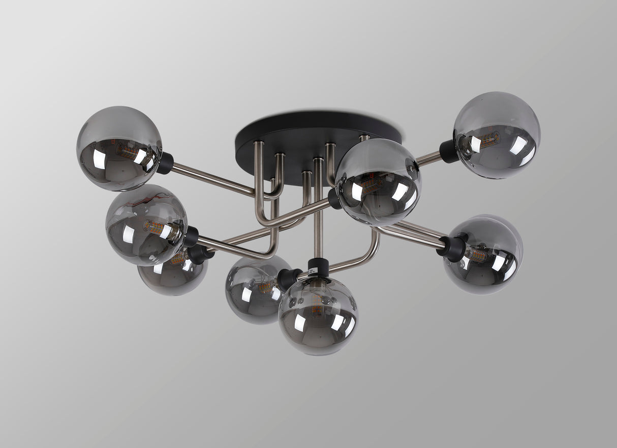 Gayle Flush Ceiling, 9 Light G9, Graphite / Satin Nickel / Smoke Glass