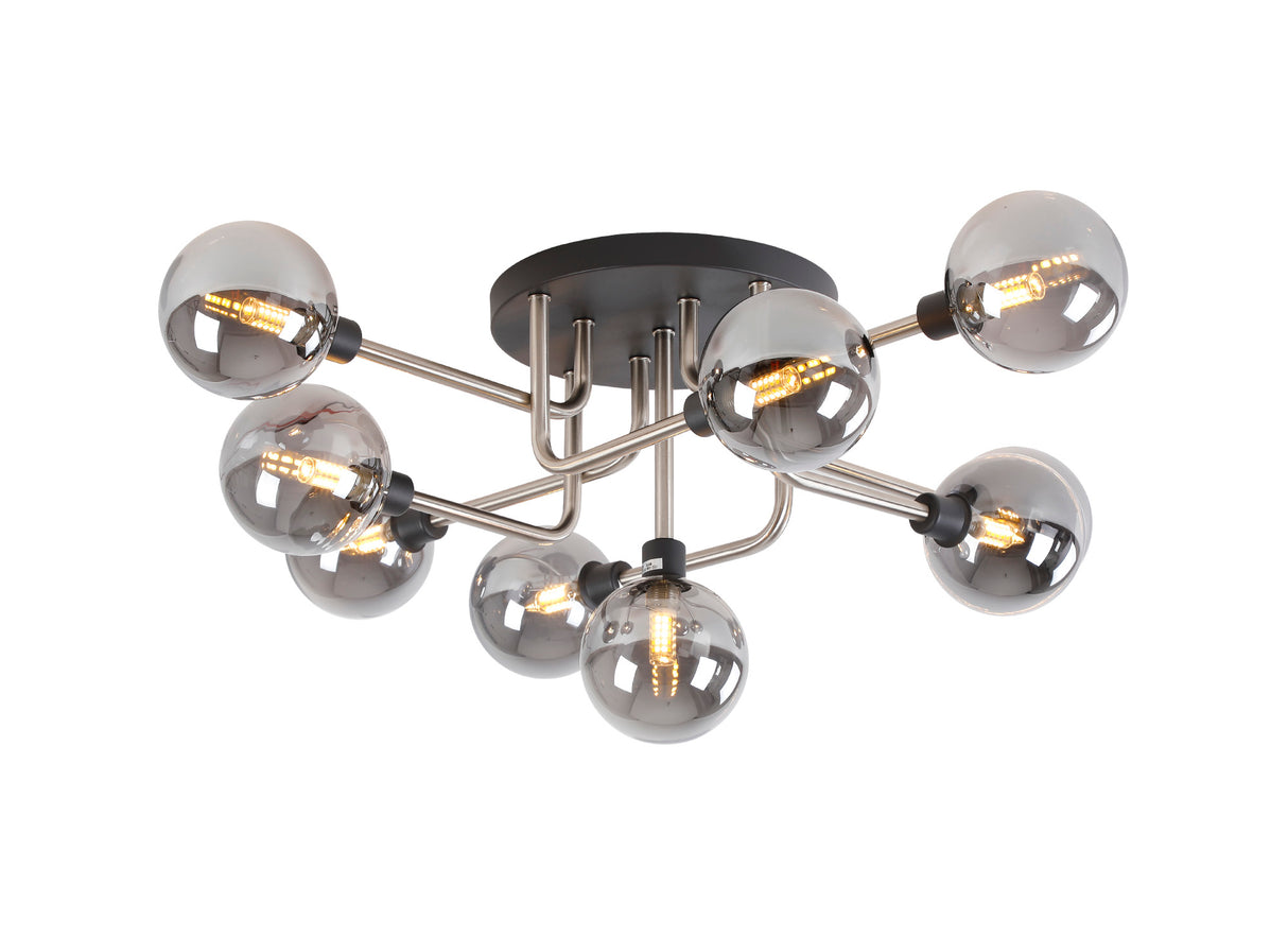 Gayle Flush Ceiling, 9 Light G9, Graphite / Satin Nickel / Smoke Glass