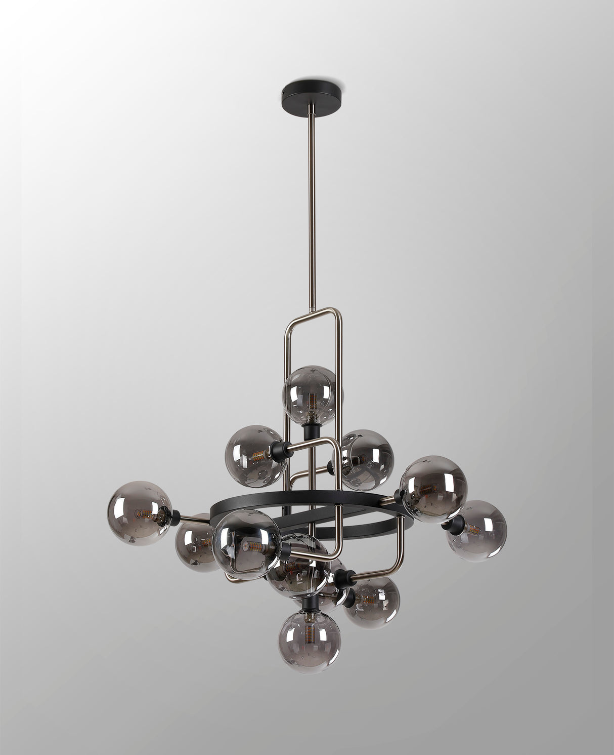 Gayle Fixed Pendant, 12 Light G9, Graphite / Satin Nickel / Smoke Glass