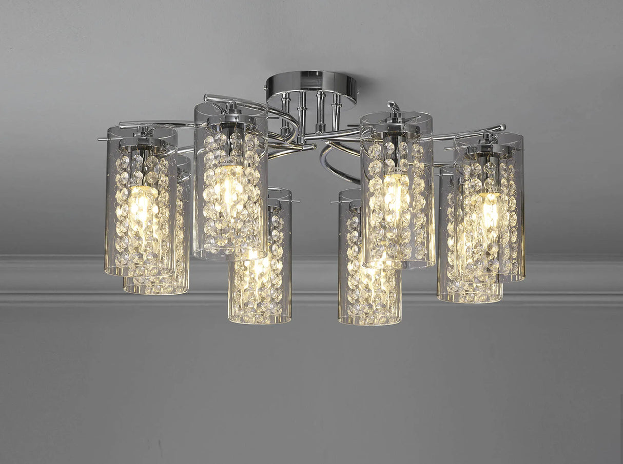 Prudhoe Semi Flush Light, 8 x E14, Polished Chrome/Crystal/Glass