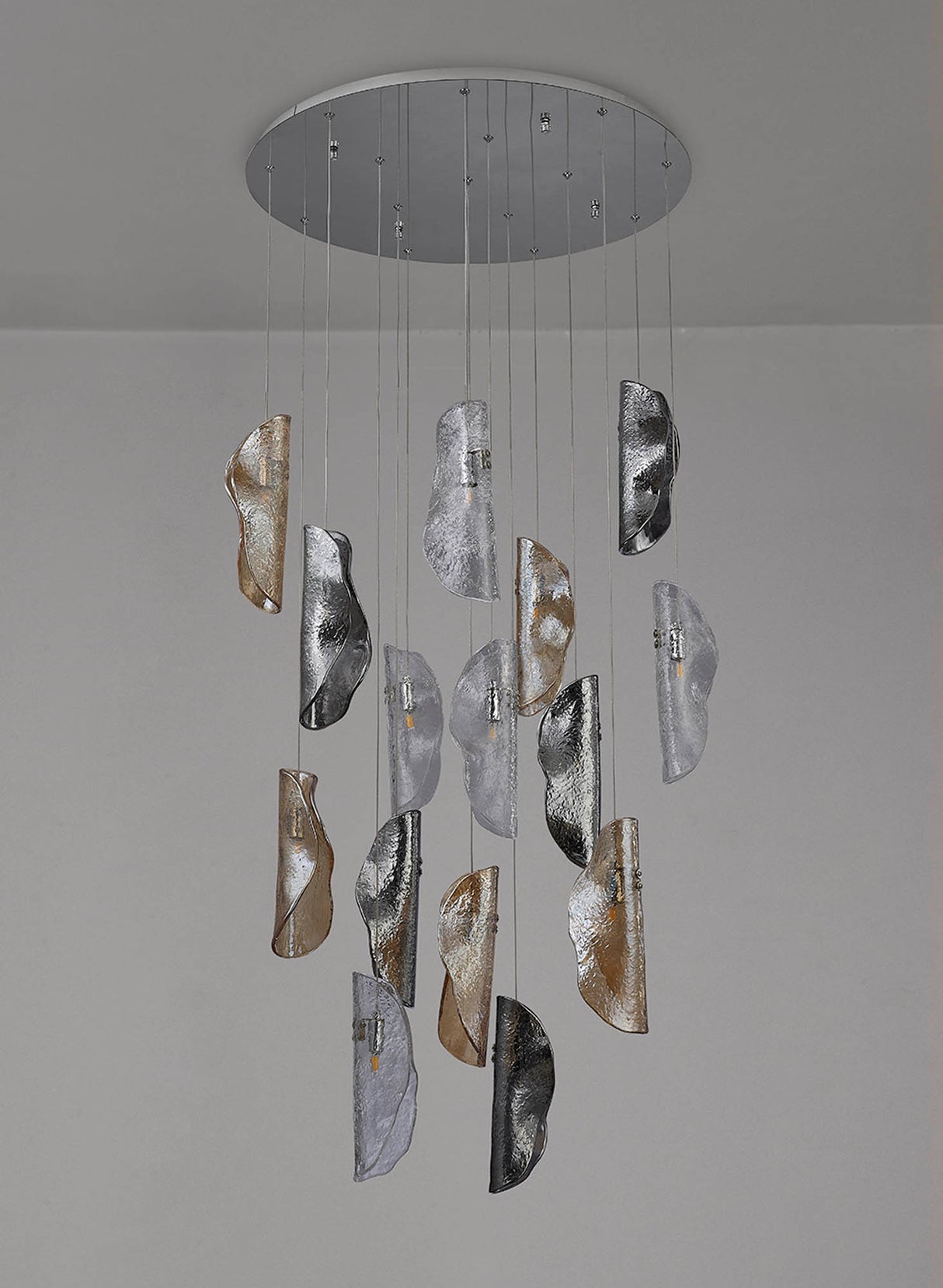 Young Pendant 3m, 15 x G9, Polished Chrome / Clear & Amber & Smoked Glass, Item Weight: 17.5kg