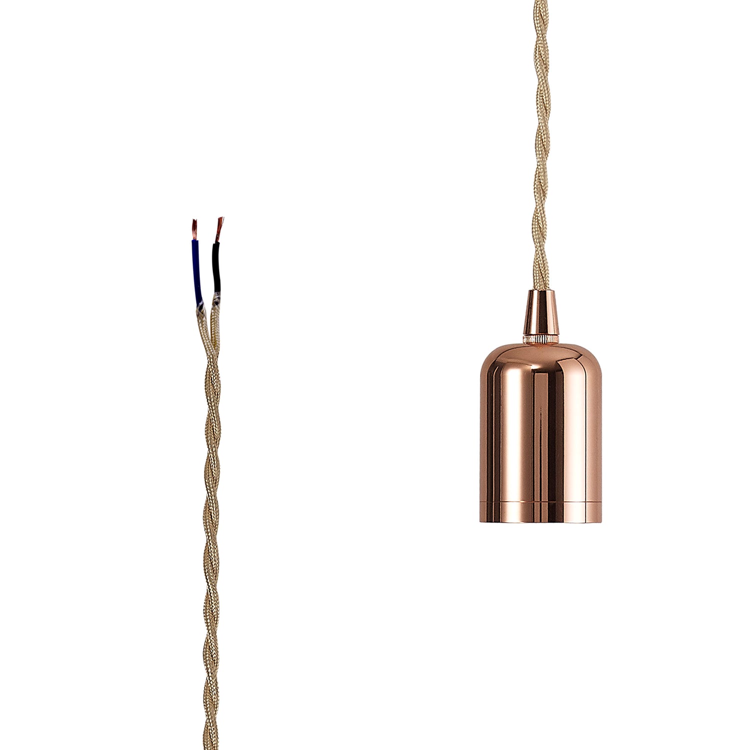 Robson E27 (Max 60W) Lampholder Rose Gold With 3m Rose Gold Braided Twisted Cable & Deeper Shade Ring, Suitable For Shades & Cages