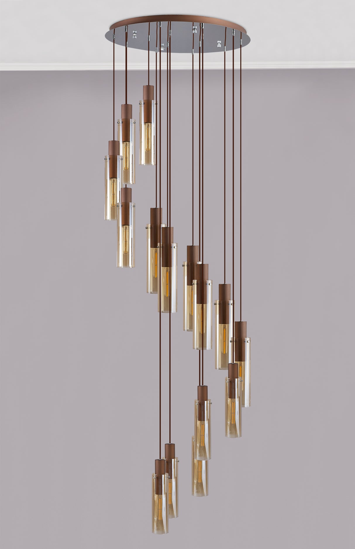 Bridges Round Pendant, 15 Light Adjustable E27, Mocha / Amber Glass, Item Weight: 25.3kg