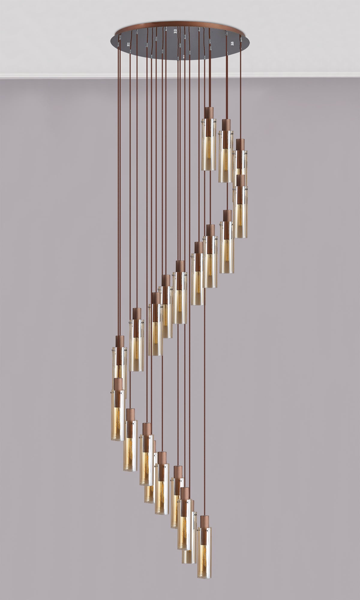 Bridges Round Pendant, 21 Light Adjustable E27, Mocha / Amber Glass, Item Weight: 38.2kg