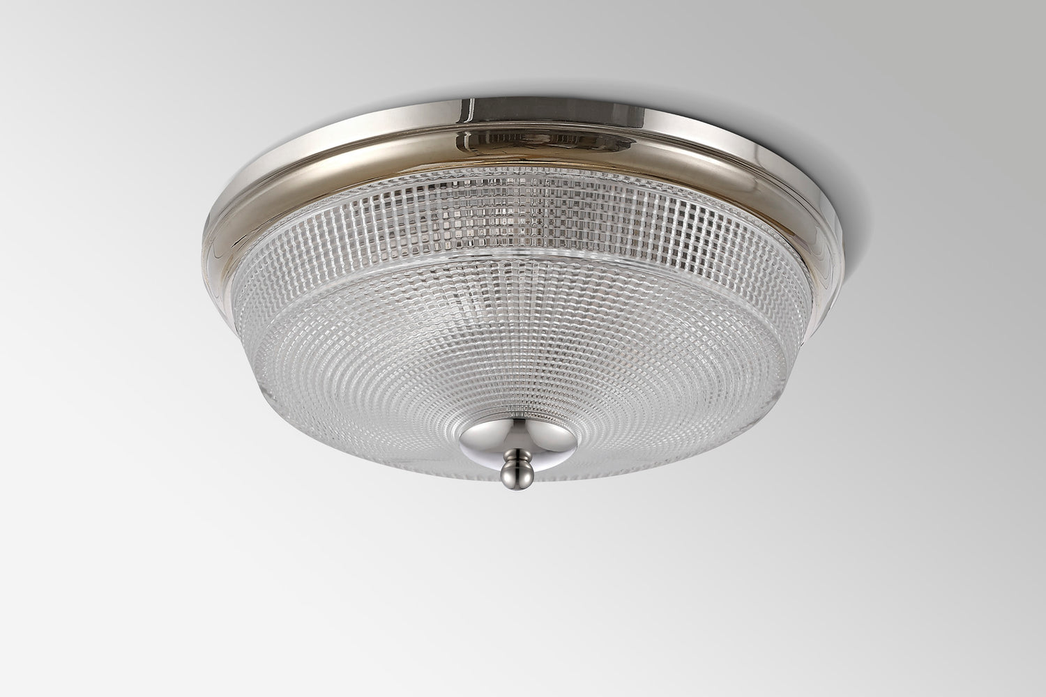 Gordon 2 Light E27 Flush Ceiling Light, IP44, Polished Nickel/Prismatic Glass
