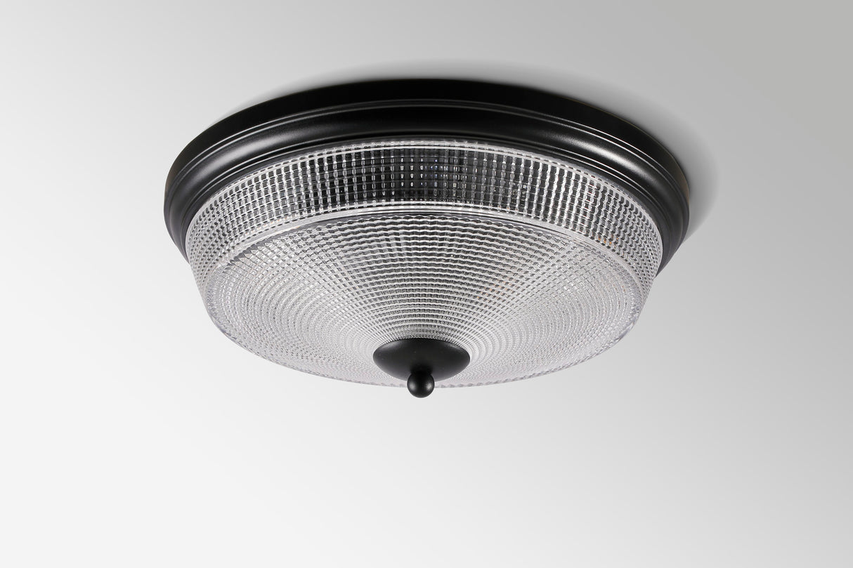 Gordon 2 Light E27 Flush Ceiling Light, IP44, Satin Black/Prismatic Glass