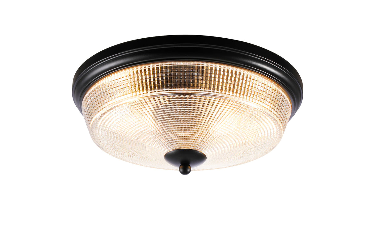 Gordon 2 Light E27 Flush Ceiling Light, IP44, Satin Black/Prismatic Glass