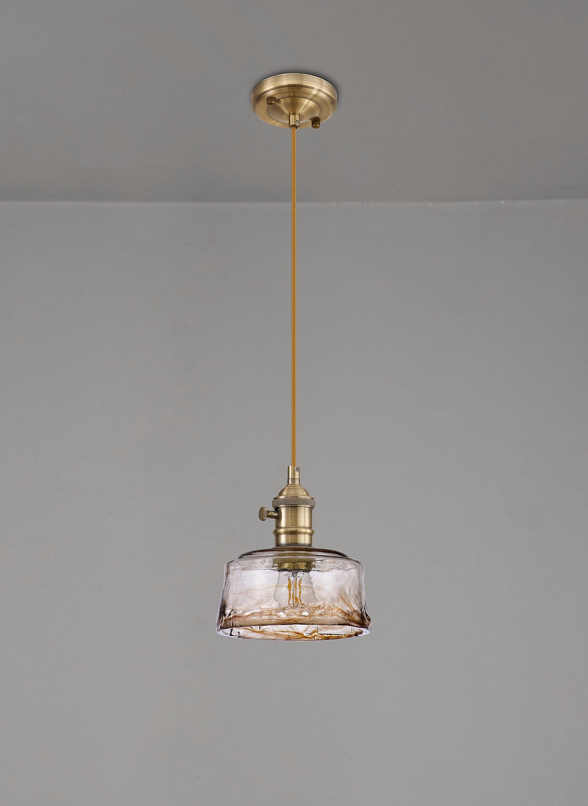 Rae Switched Pendant 1.5m, 1 x E27, Antique Brass / Golden Brown Braided Cable / Brown Bowl Glass