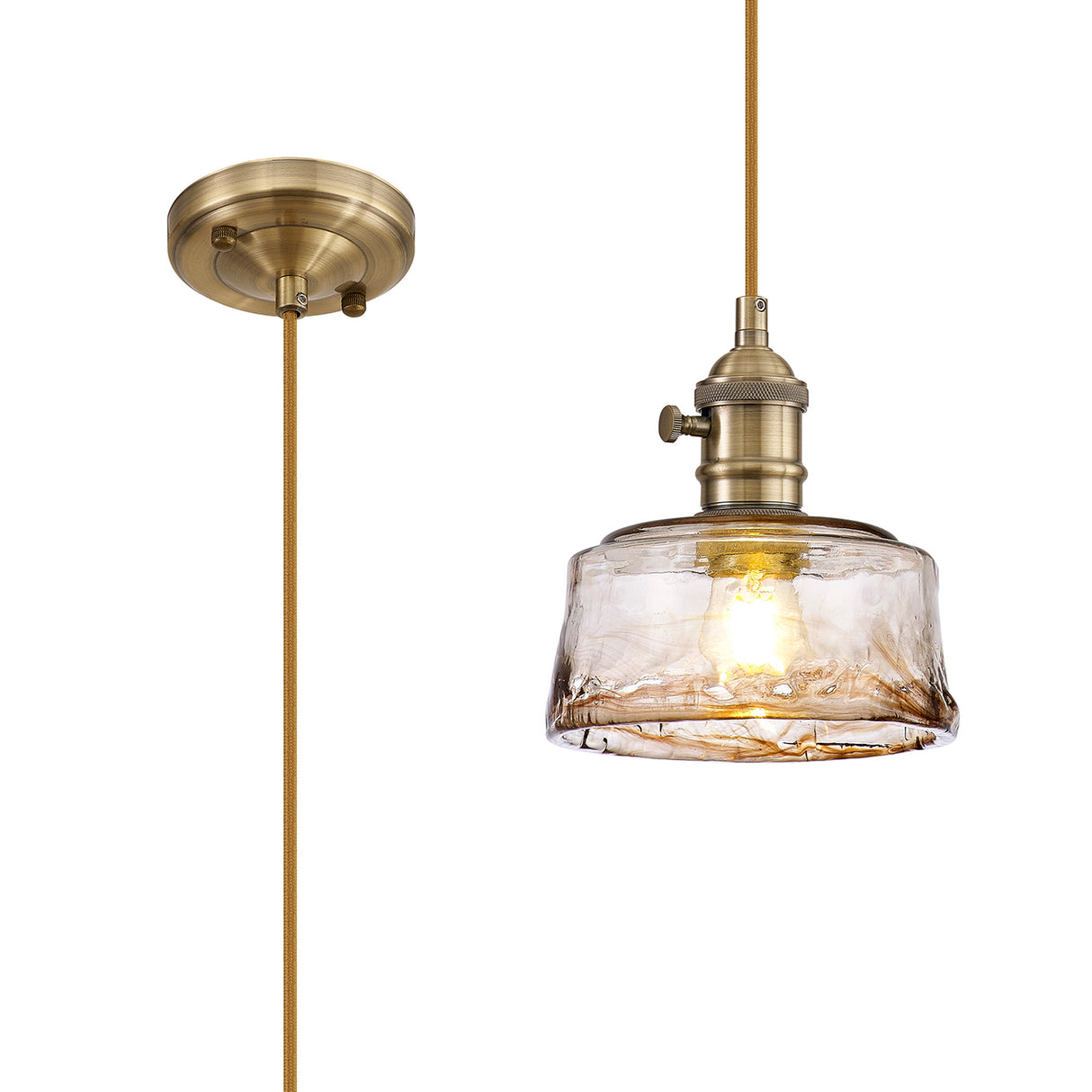 Rae Switched Pendant 1.5m, 1 x E27, Antique Brass / Golden Brown Braided Cable / Brown Bowl Glass