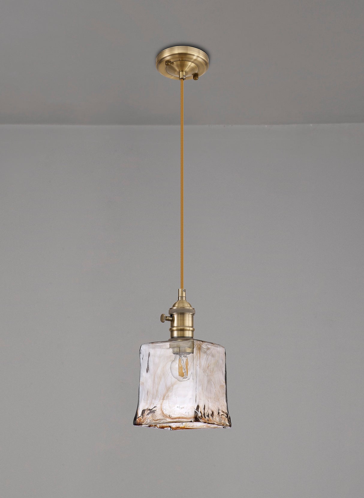 Rae Switched Pendant 1.5m, 1 x E27, Antique Brass / Golden Brown Braided Cable / Brown Square Glass