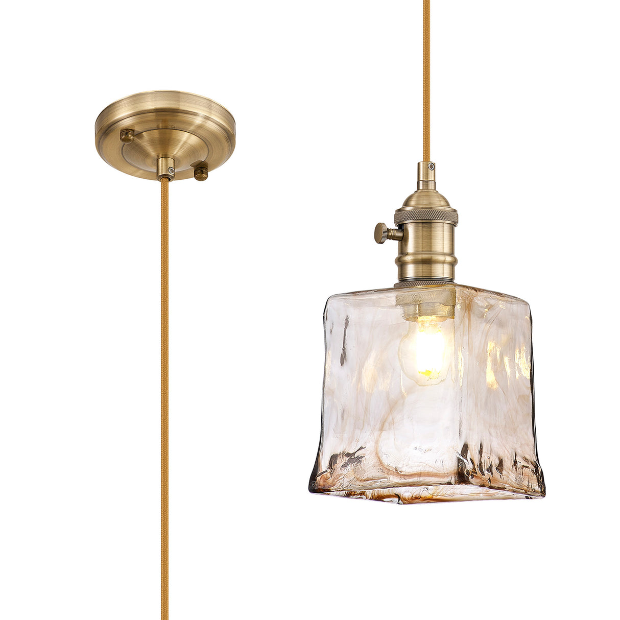 Rae Switched Pendant 1.5m, 1 x E27, Antique Brass / Golden Brown Braided Cable / Brown Square Glass