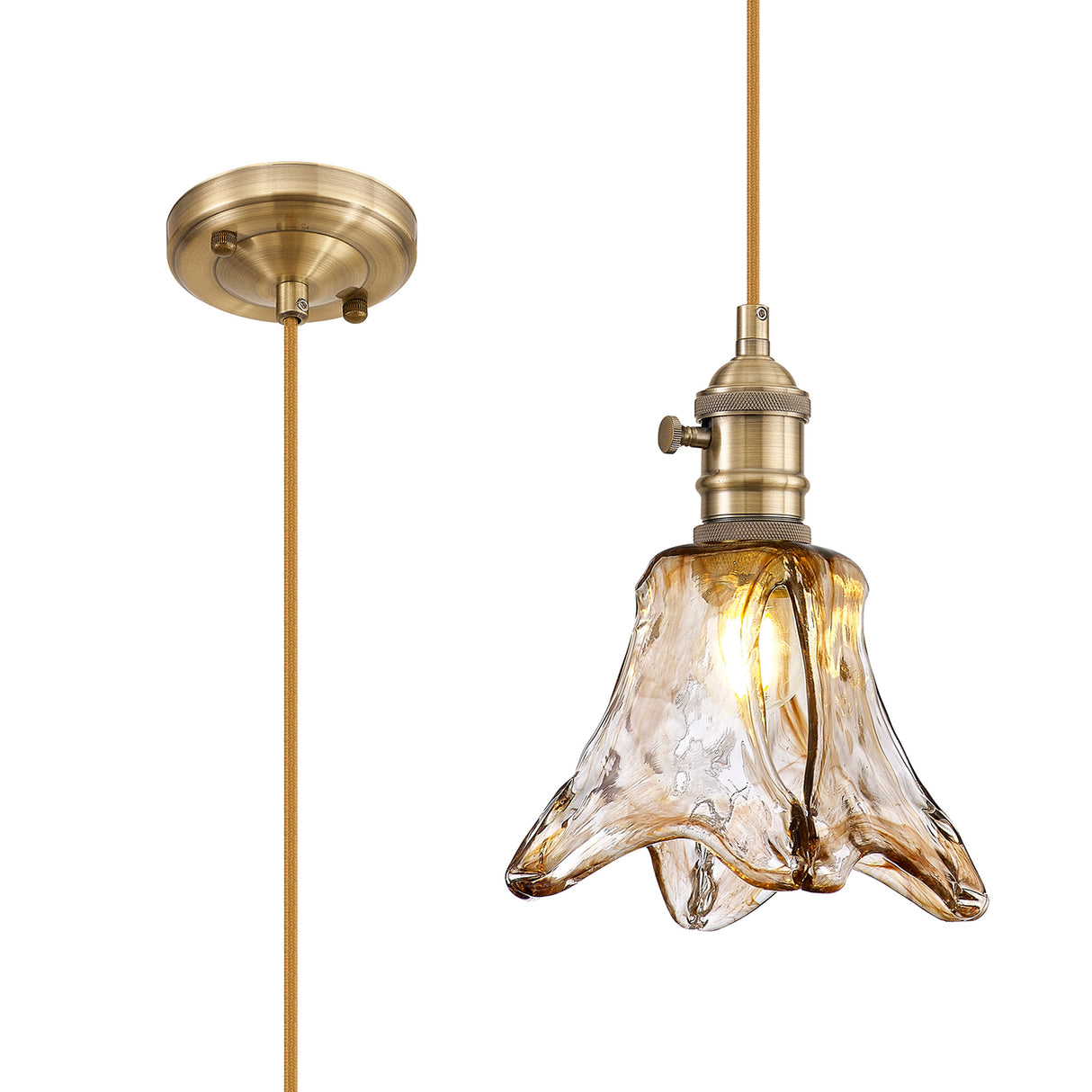 Rae Switched Pendant 1.5m, 1 x E27, Antique Brass / Golden Brown Braided Cable / Brown Flower Glass