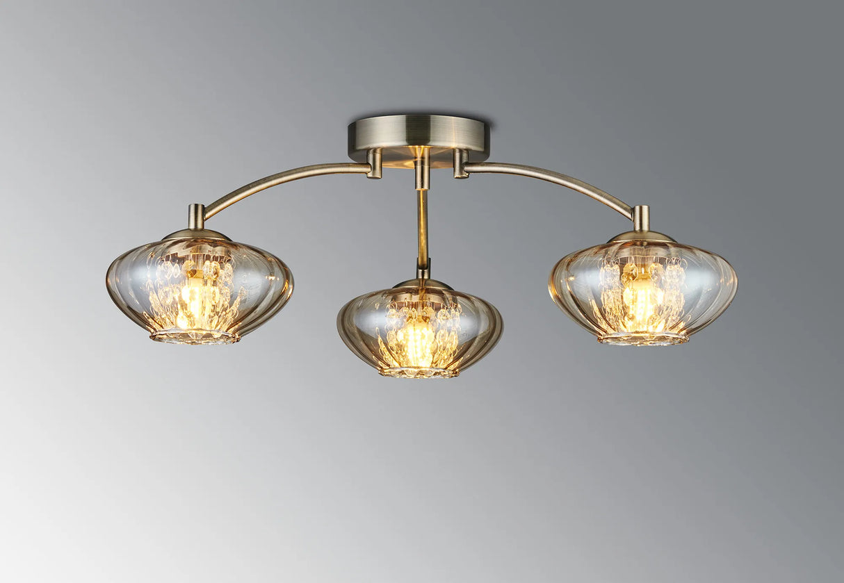 Greaves Flush Ceiling Light, 3 x G9, Antique Brass/Cognac Glass/Clear Crystal
