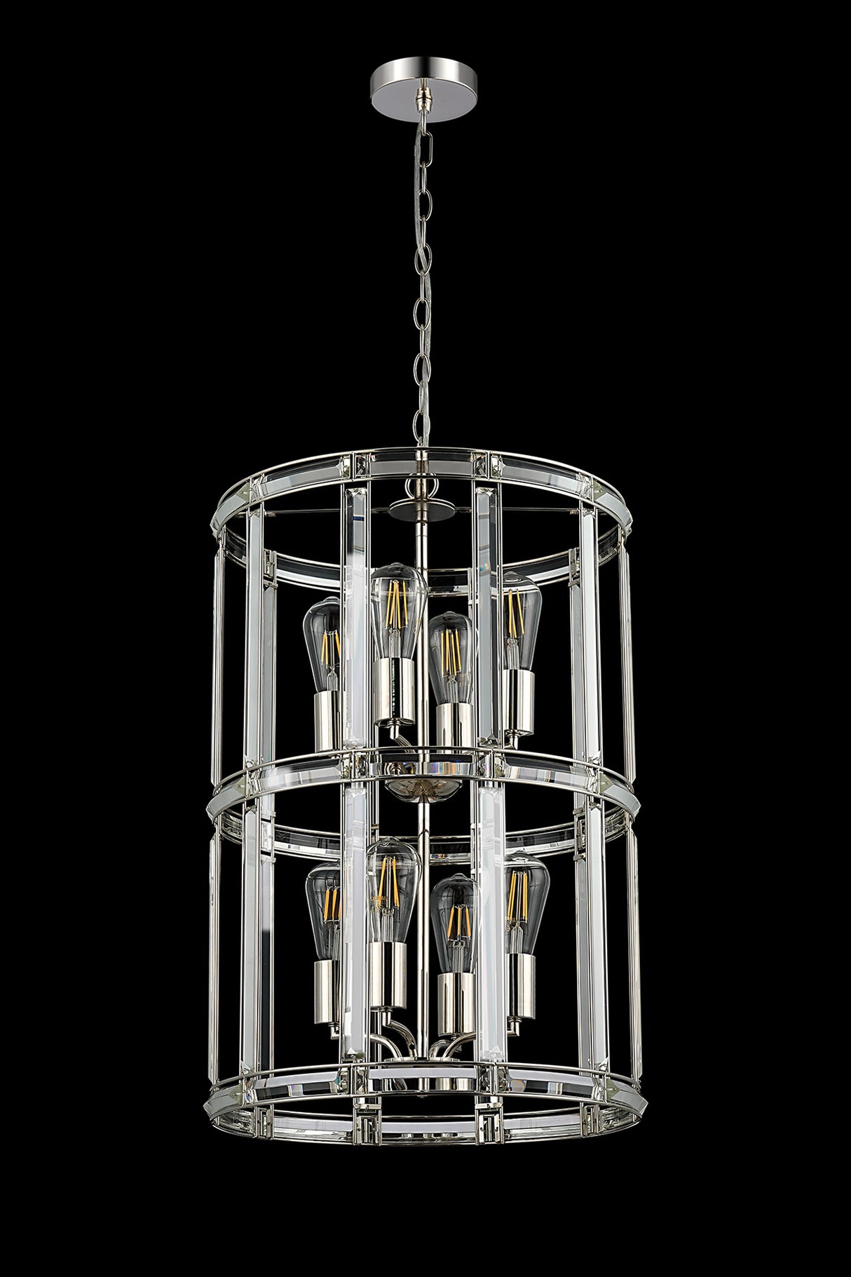 Ellison Medium Round Column Pendant, 8 Light E27, Polished Nickel