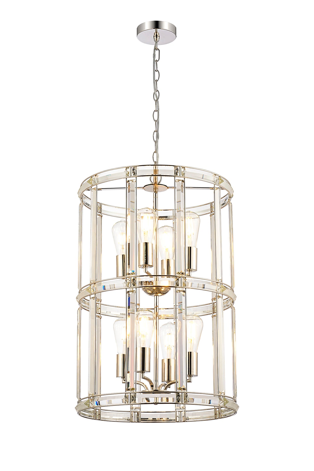 Ellison Medium Round Column Pendant, 8 Light E27, Polished Nickel