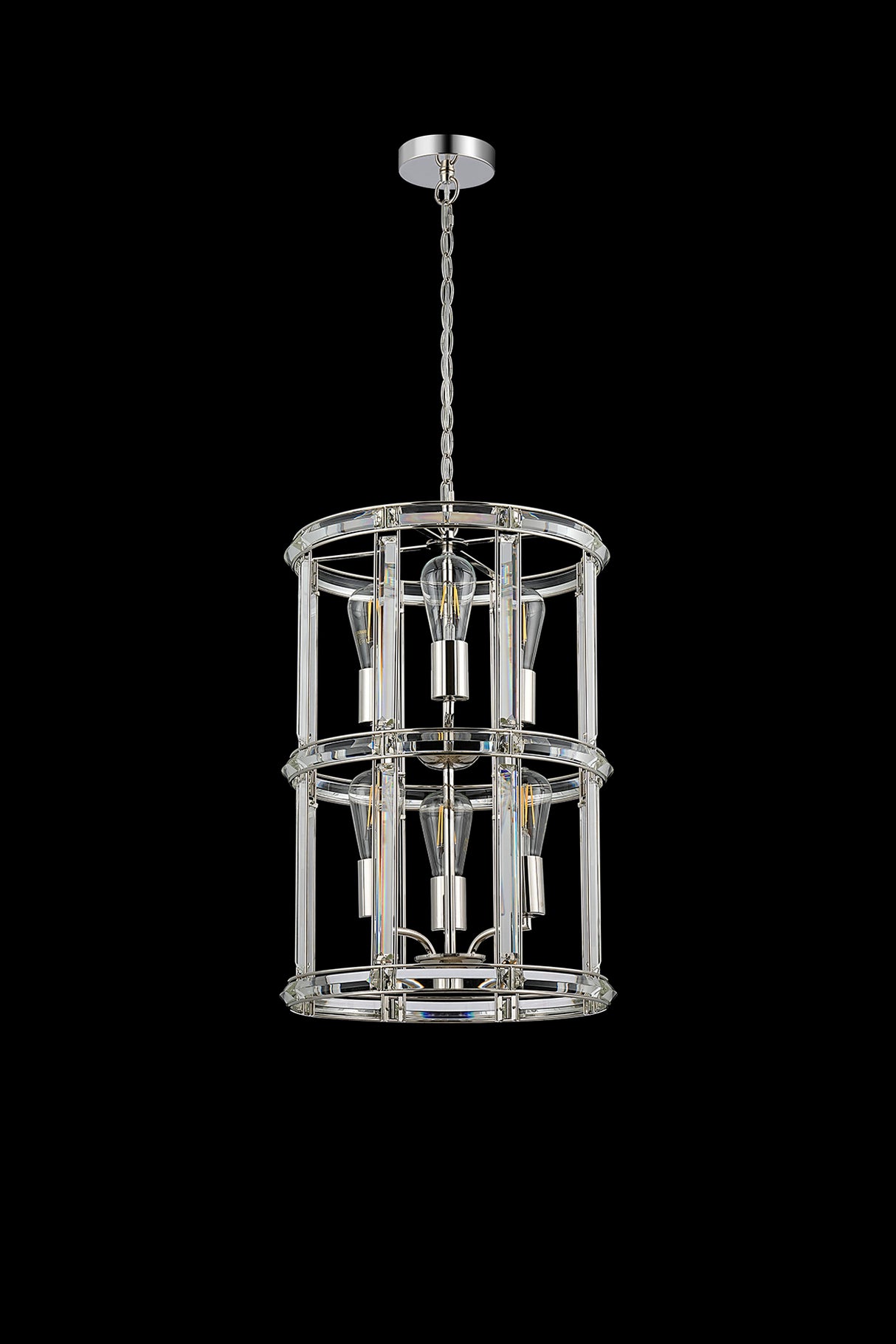 Ellison Small Round Column Pendant, 6 Light E27, Polished Nickel