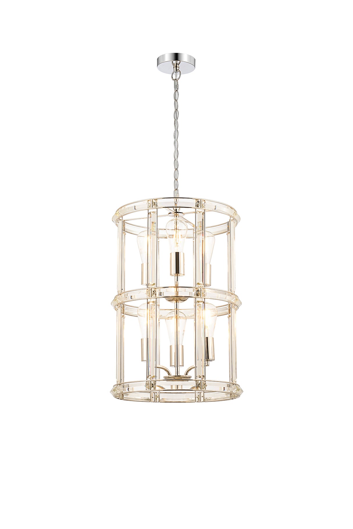 Ellison Small Round Column Pendant, 6 Light E27, Polished Nickel