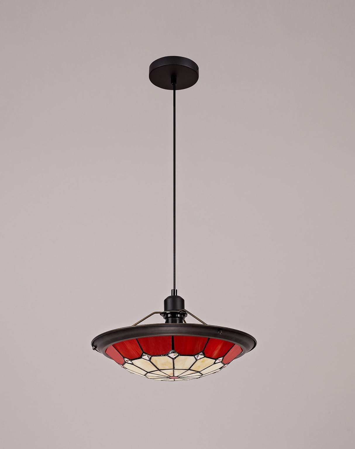 Belfit 1 Light Pendant E27 With 35cm Tiffany Shade, Cream/Red/Clear Crystal Centre/Aged Antique Brass Trim/Black