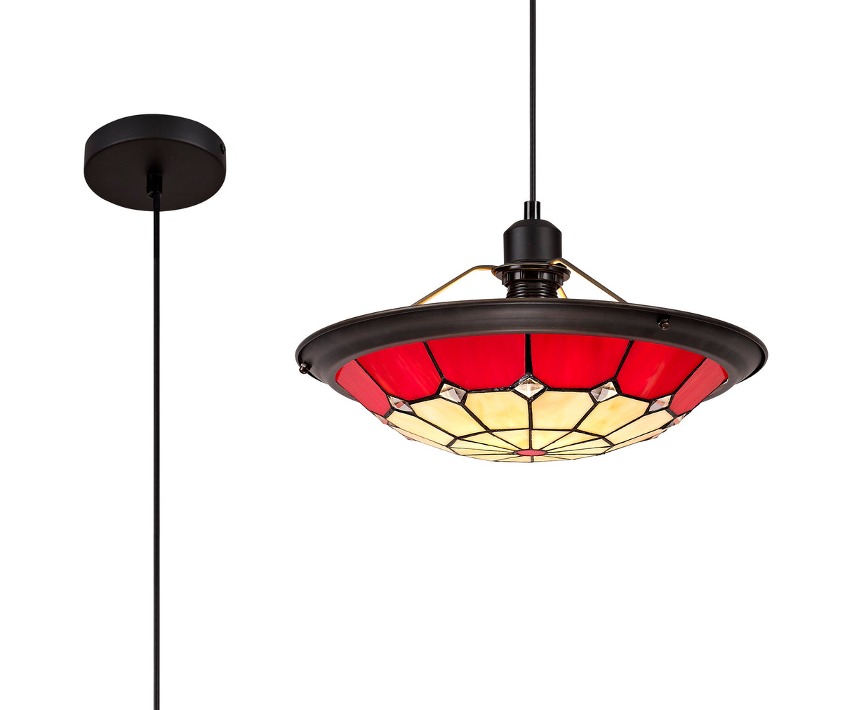 Belfit 1 Light Pendant E27 With 35cm Tiffany Shade, Cream/Red/Clear Crystal Centre/Aged Antique Brass Trim/Black