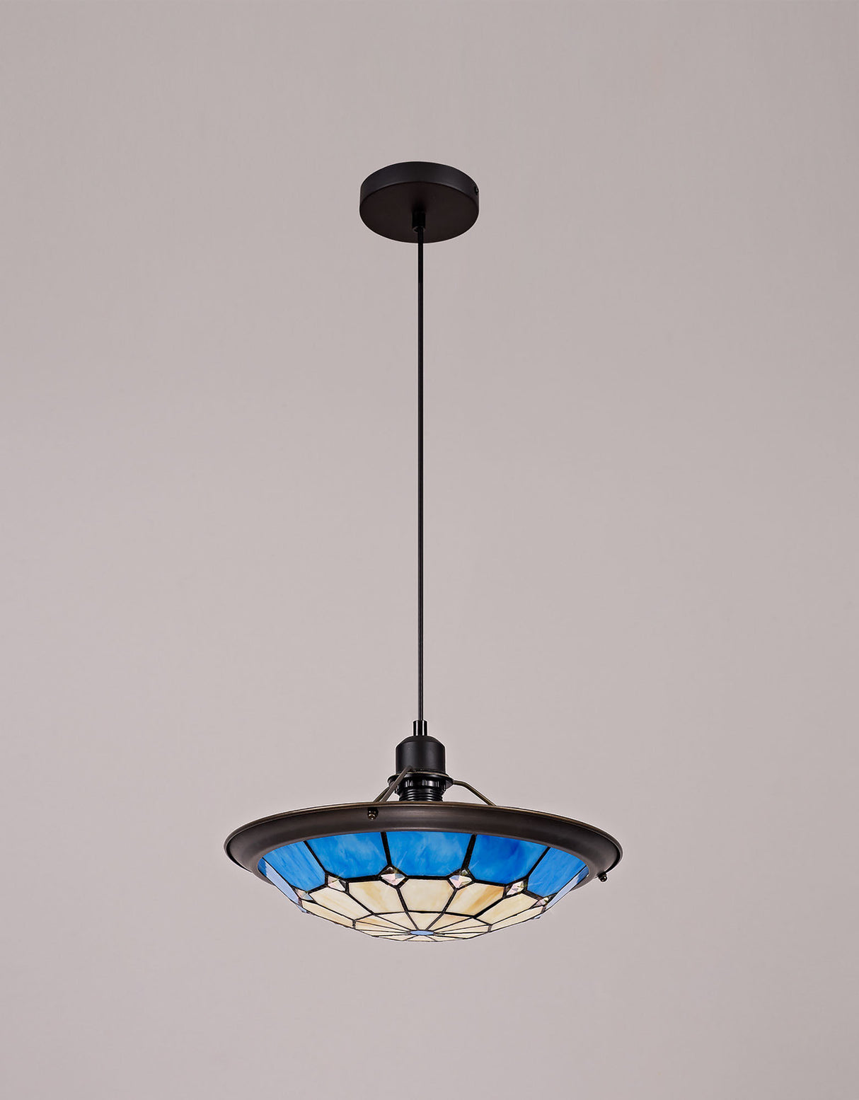 Belfit 1 Light Pendant E27 With 35cm Tiffany Shade, Cream/Rich Blue/Clear Crystal Centre/Aged Antique Brass Trim/Black