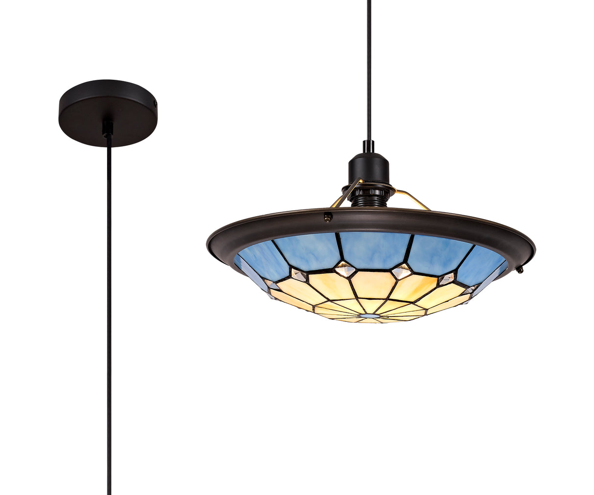 Belfit 1 Light Pendant E27 With 35cm Tiffany Shade, Cream/Rich Blue/Clear Crystal Centre/Aged Antique Brass Trim/Black