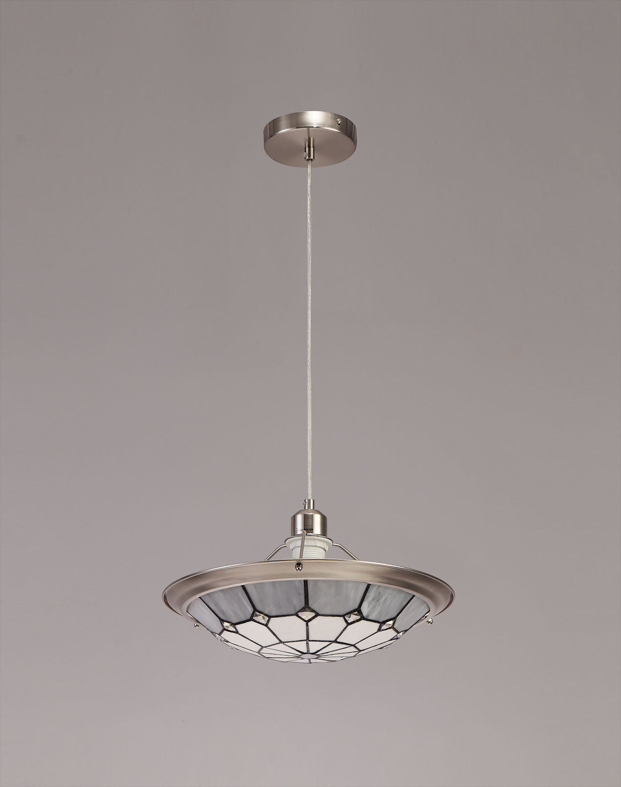 Belfit 1 Light Pendant E27 With 35cm Tiffany Shade, Cream/Grey/Crystal Centre/Satin Nickel Brass Trim/Satin Nickel