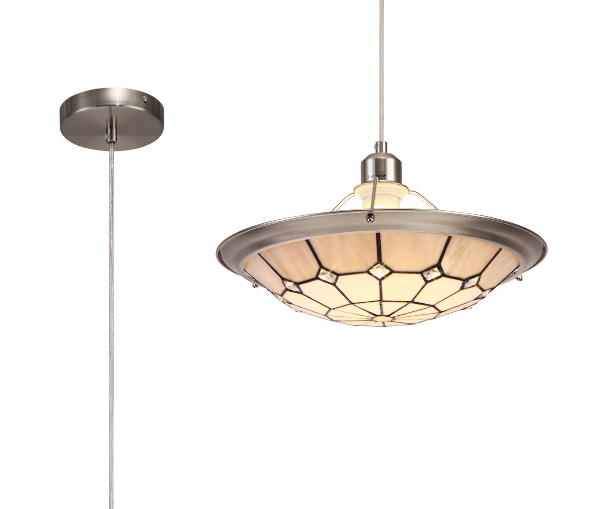 Belfit 1 Light Pendant E27 With 35cm Tiffany Shade, Cream/Grey/Crystal Centre/Satin Nickel Brass Trim/Satin Nickel