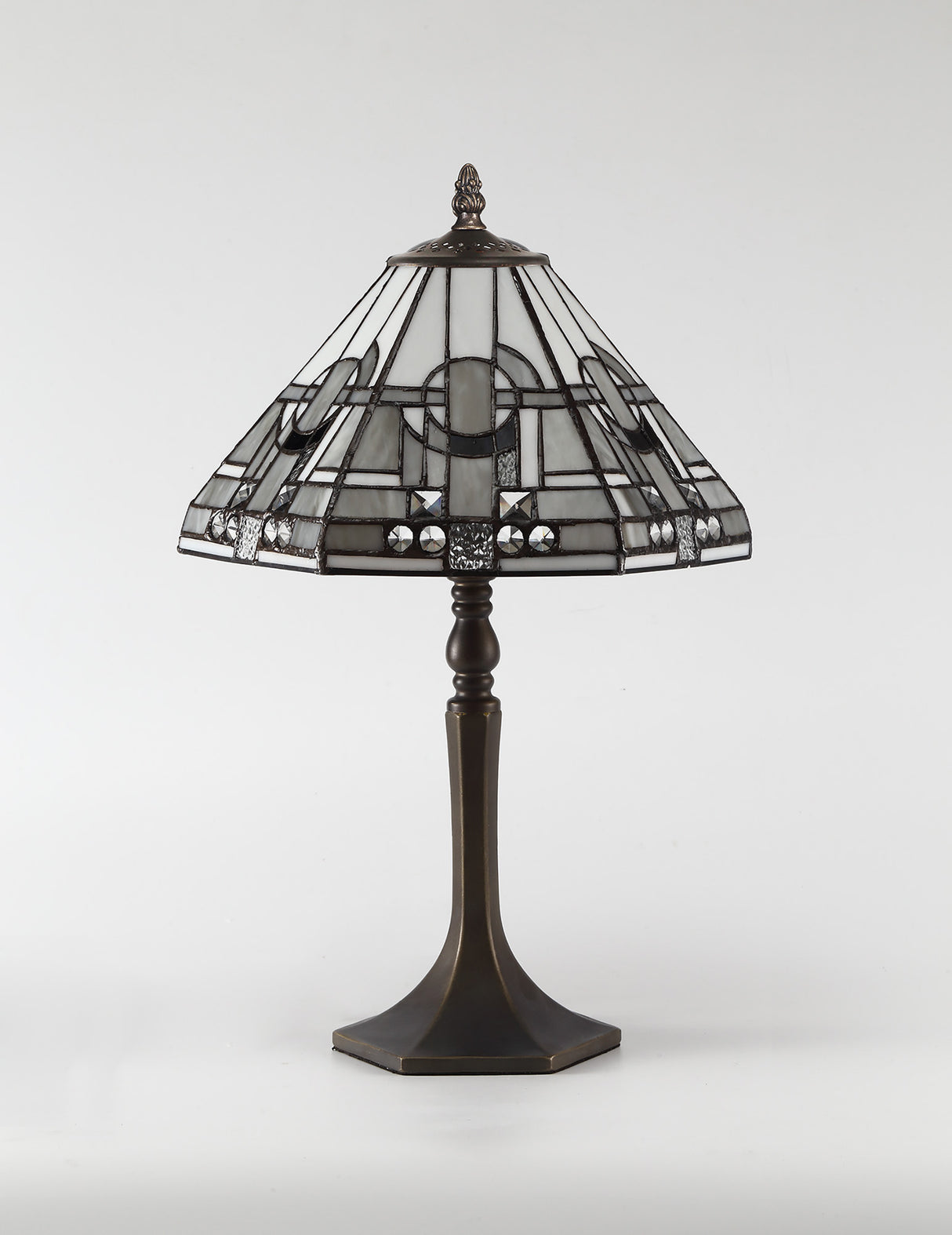 Bould 1 Light Octagonal Table Lamp E27 With 30cm Tiffany Shade, White/Grey/Black/Clear Crystal/Aged Antique Brass