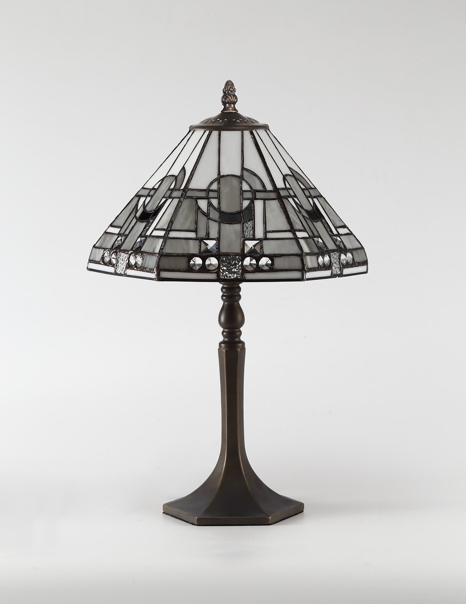 Bould 1 Light Octagonal Table Lamp E27 With 30cm Tiffany Shade, White/Grey/Black/Clear Crystal/Aged Antique Brass