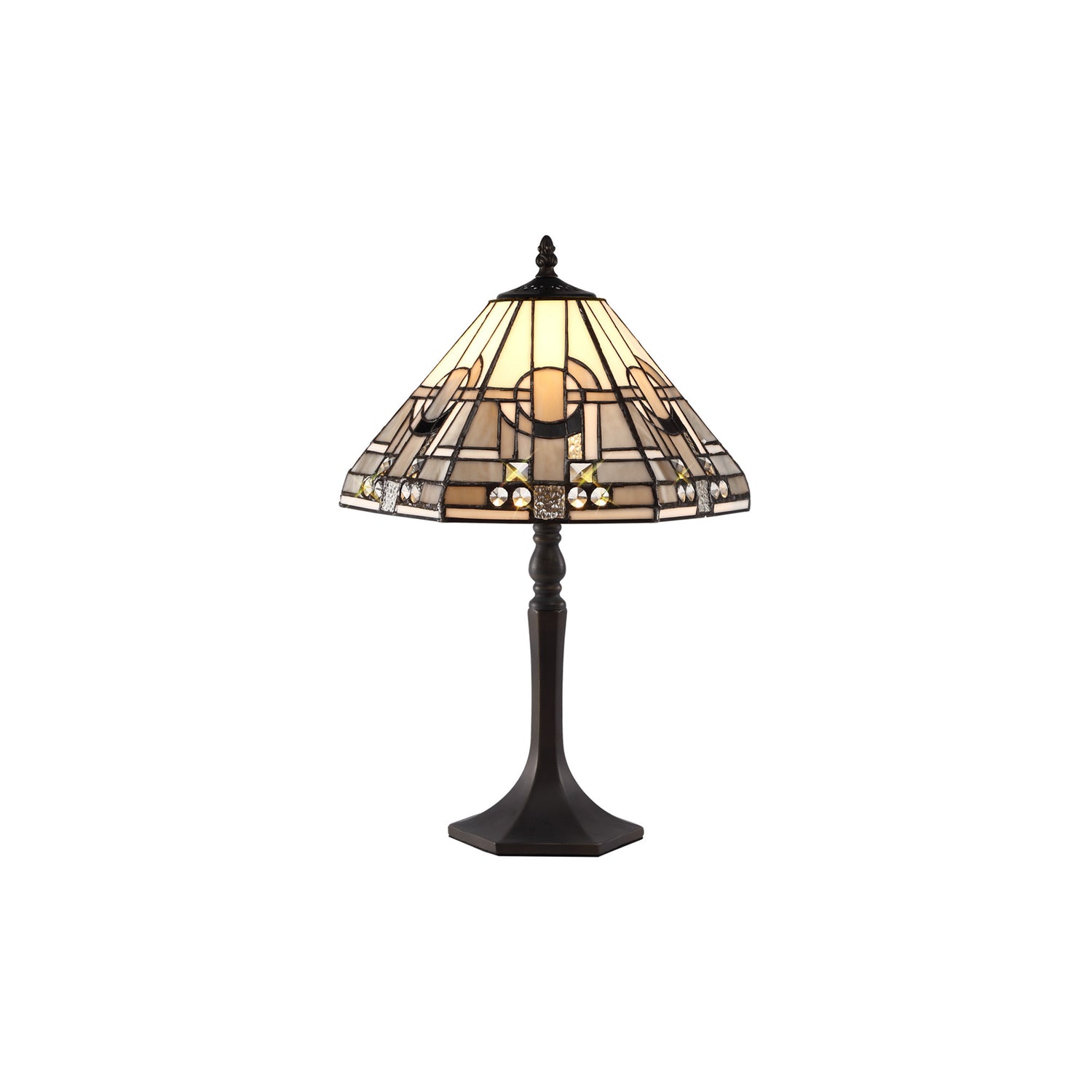 Bould 1 Light Octagonal Table Lamp E27 With 30cm Tiffany Shade, White/Grey/Black/Clear Crystal/Aged Antique Brass