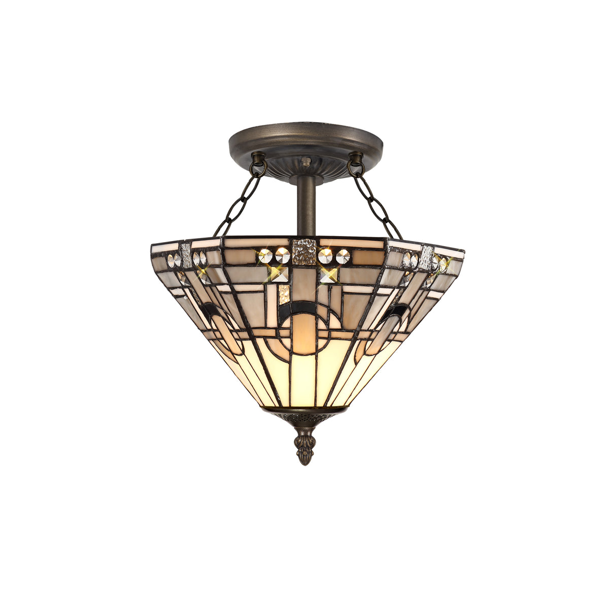 Bould 2 Light E27 Semi Flush With Tiffany Shade 30cm Shade, White/Grey/Black/Clear Crystal/Aged Antique Brass