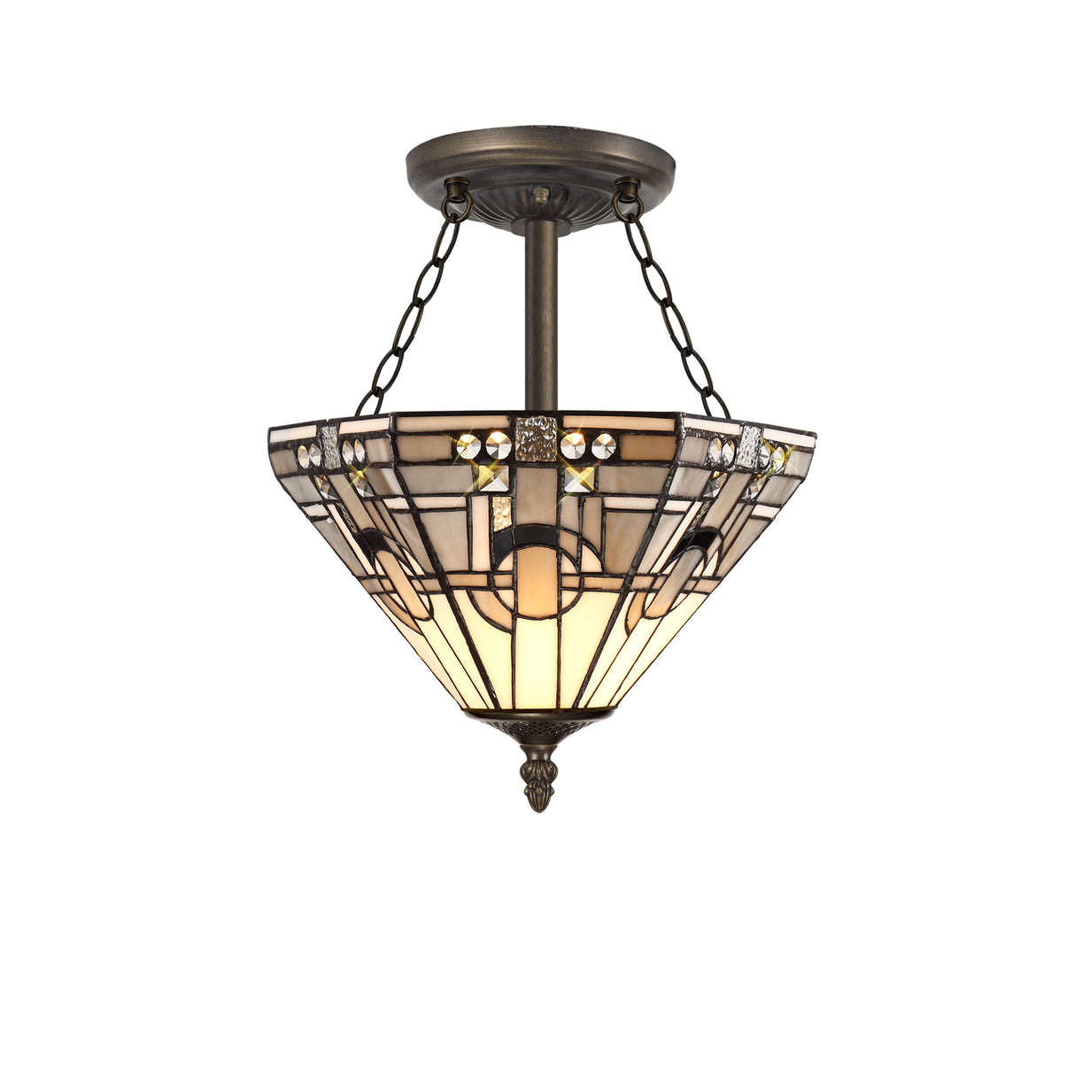 Bould 3 Light E27 Semi Flush With Tiffany Shade 30cm Shade, White/Grey/Black/Clear Crystal/Aged Antique Brass