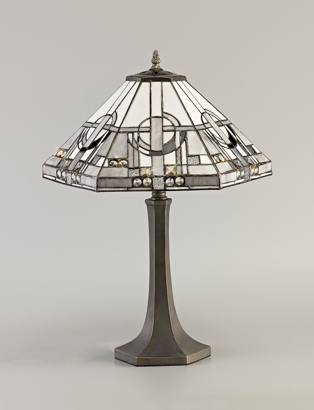 Bould 2 Light Octagonal Table Lamp E27 With 40cm Tiffany Shade, White/Grey/Black/Clear Crystal/Aged Antique Brass