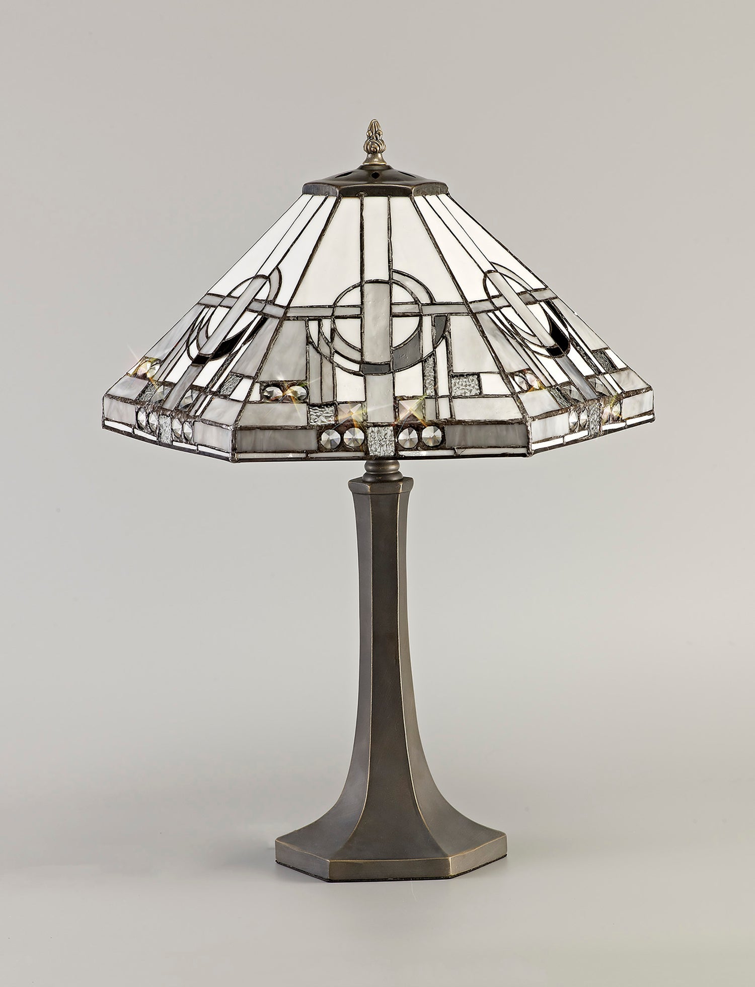 Bould 2 Light Octagonal Table Lamp E27 With 40cm Tiffany Shade, White/Grey/Black/Clear Crystal/Aged Antique Brass