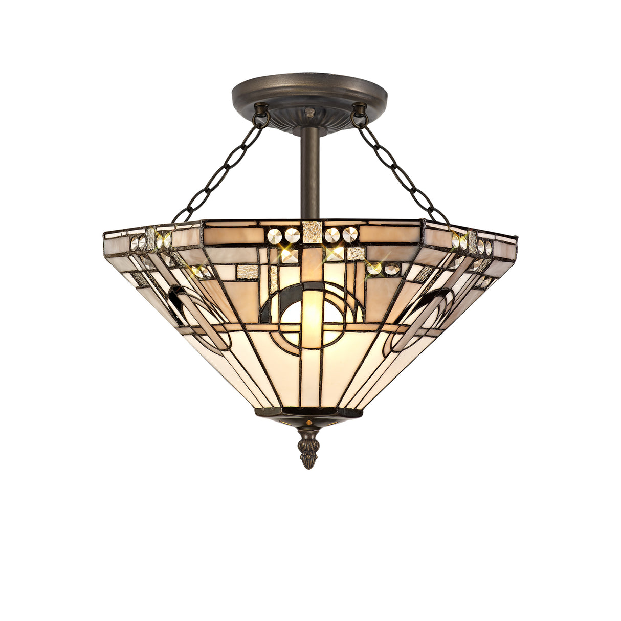 Bould 3 Light E27 Semi Flush With Tiffany Shade 40cm Shade, White/Grey/Black/Clear Crystal/Aged Antique Brass