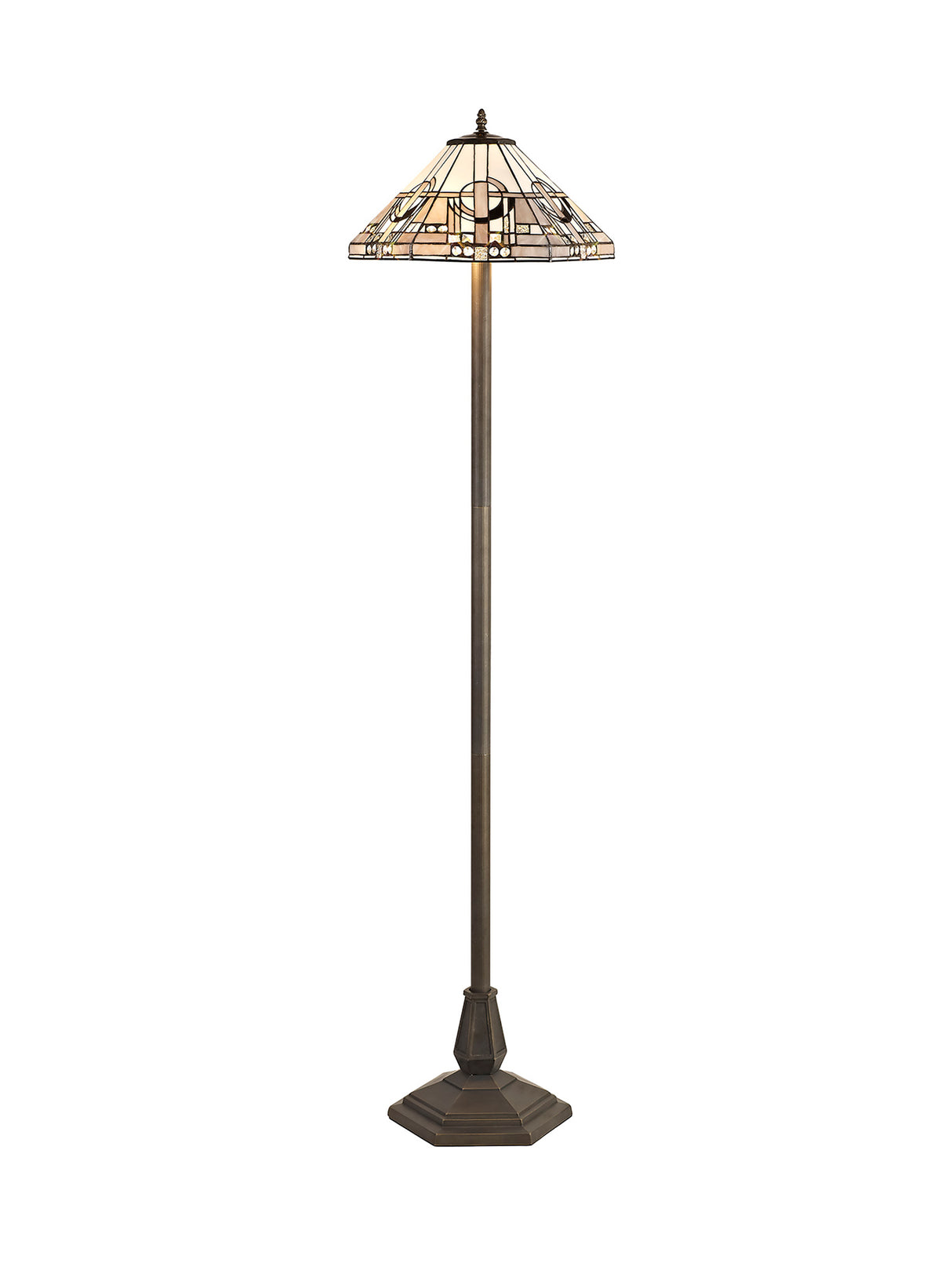 Bould 2 Light Octagonal Floor Lamp E27 With 40cm Tiffany Shade, White/Grey/Black/Clear Crystal/Aged Antique Brass