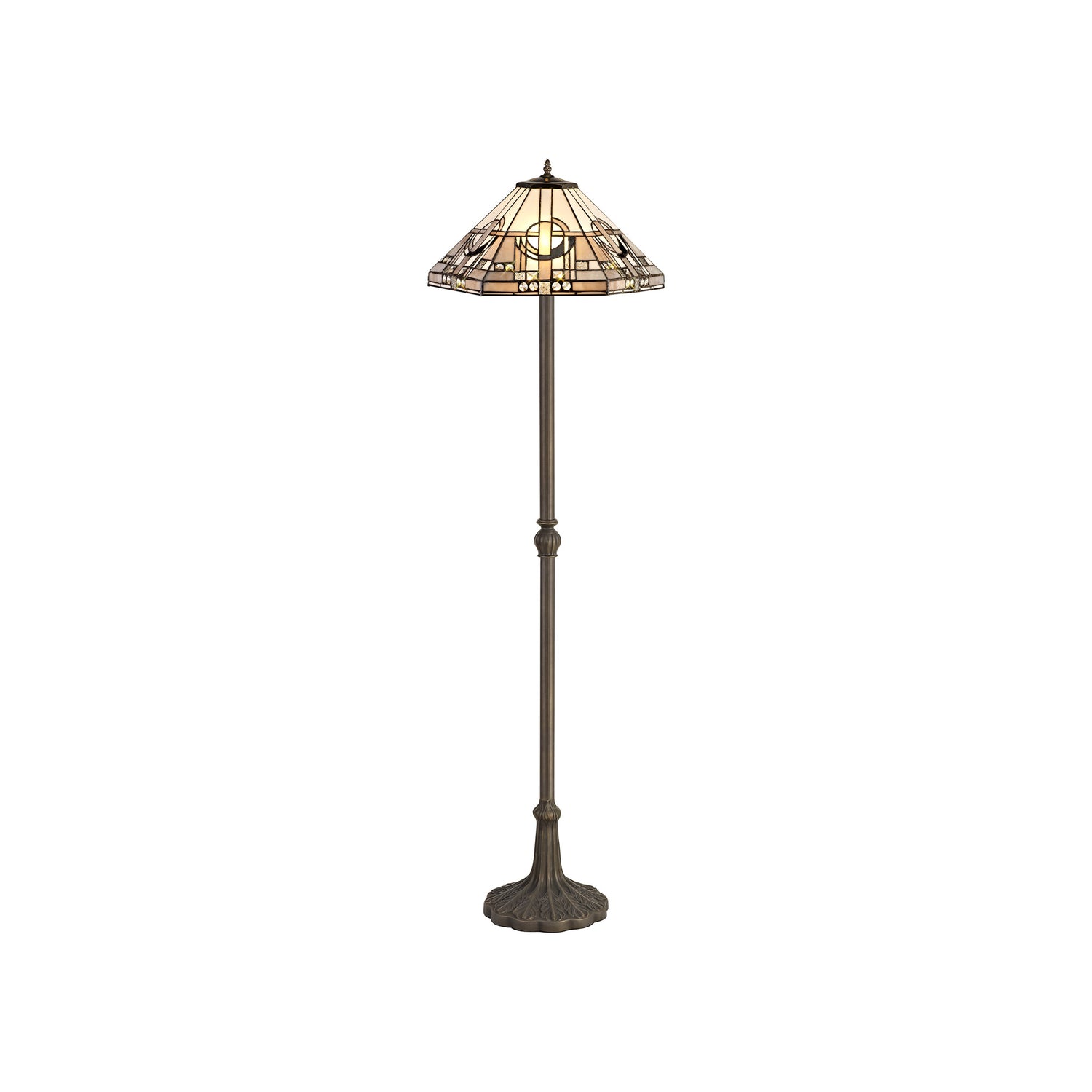 Bould 2 Light Leaf Design Floor Lamp E27 With 40cm Tiffany Shade, White/Grey/Black/Clear Crystal/Aged Antique Brass