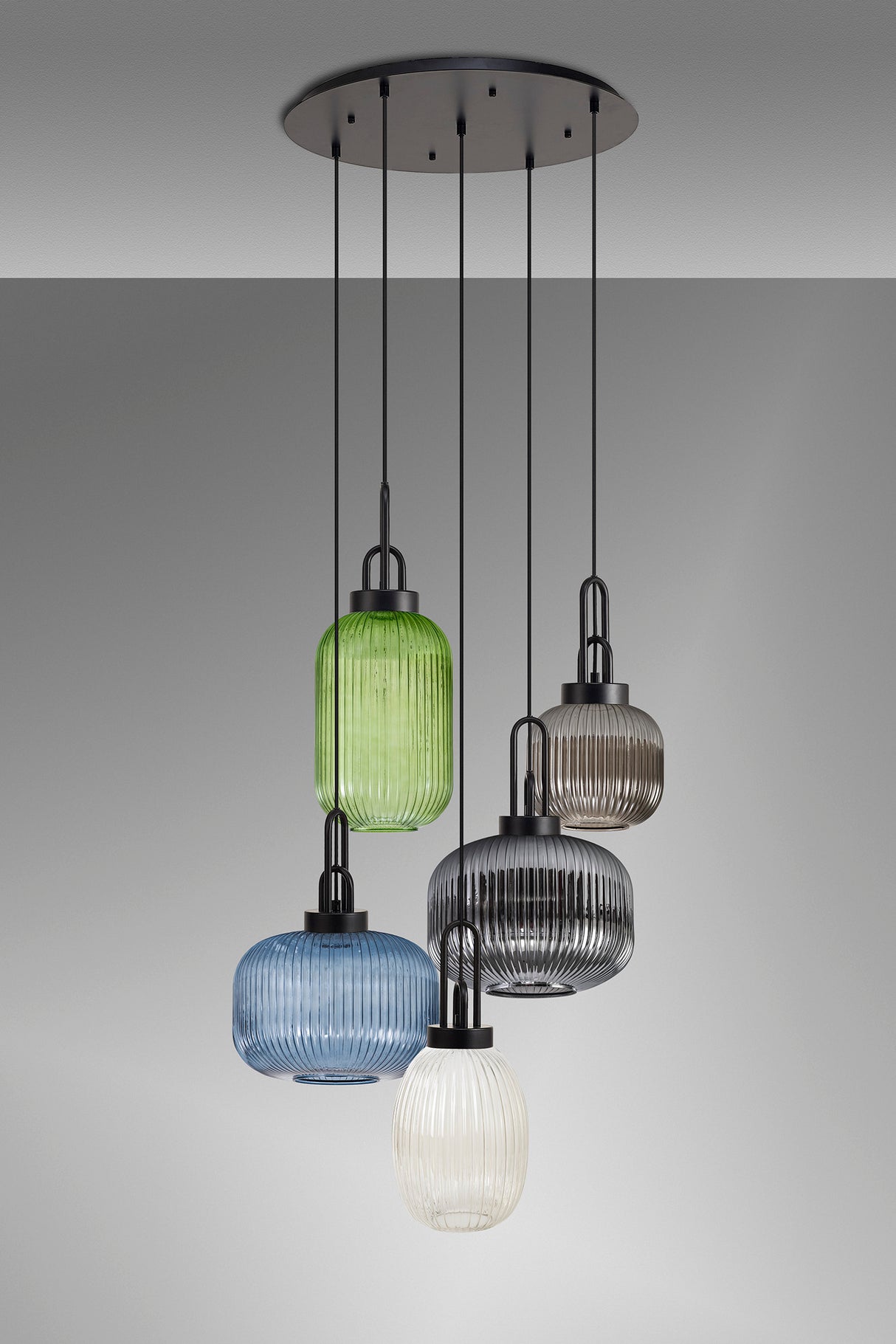 Allardyce 2.5m 5 Light Round With Multiple Shades & Colours, 5 x E27, Matt Black/Smoked/Petrol Blue/Champagne/Green