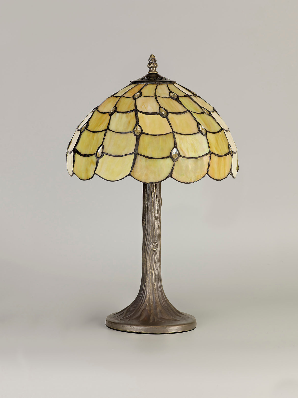 Finney 1 Light Tree Like Table Lamp E27 With 30cm Tiffany Shade, Beige/Clear Crystal/Aged Antique Brass