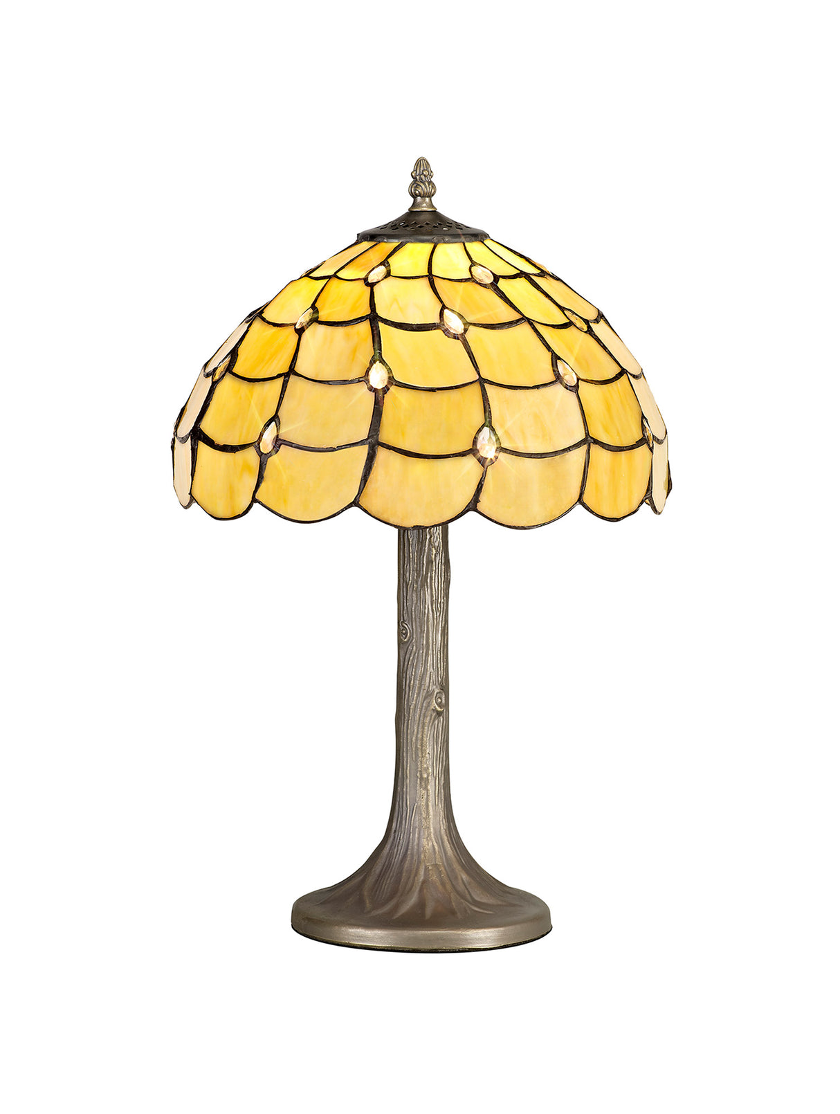 Finney 1 Light Tree Like Table Lamp E27 With 30cm Tiffany Shade, Beige/Clear Crystal/Aged Antique Brass