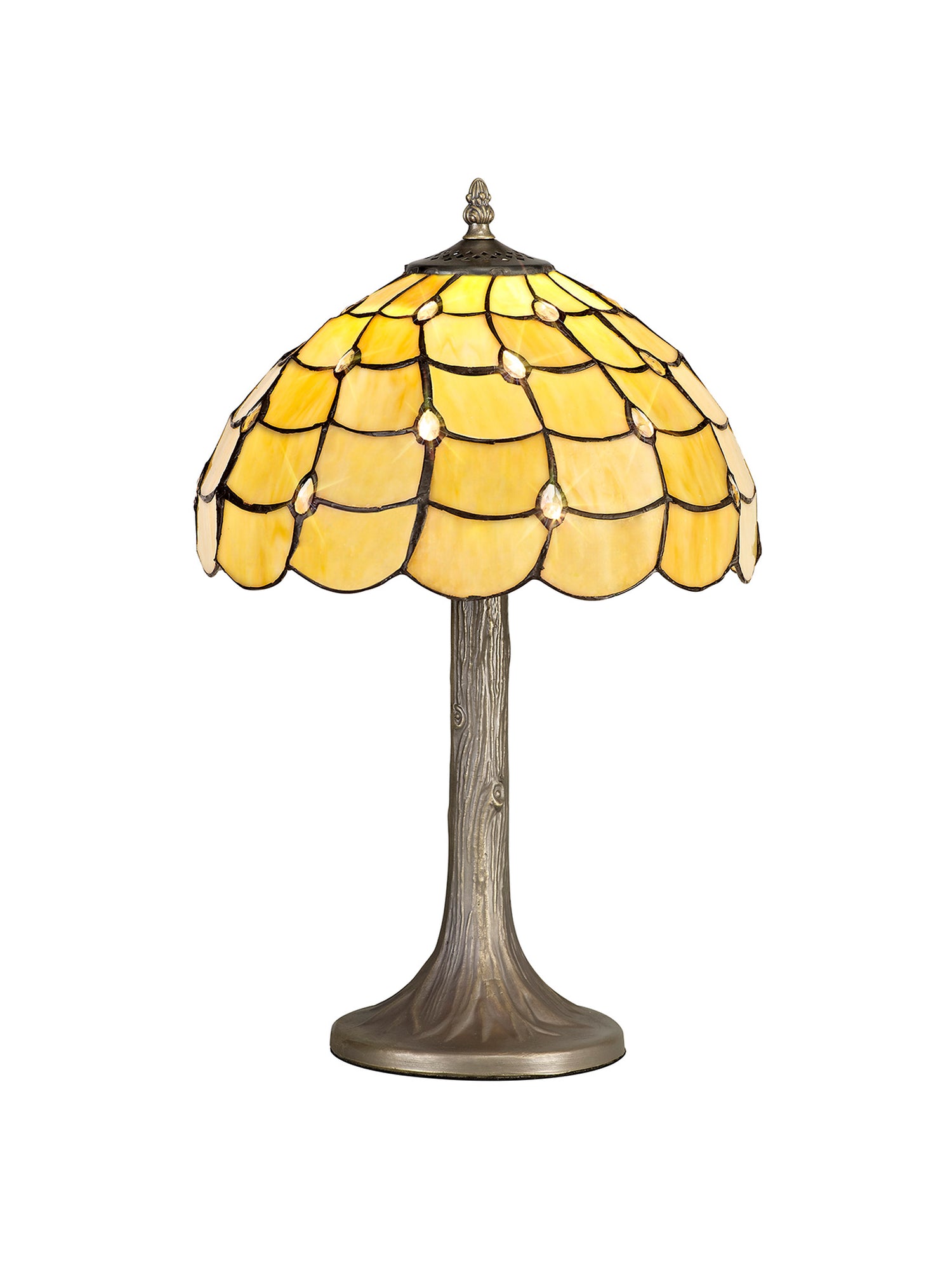Finney 1 Light Tree Like Table Lamp E27 With 30cm Tiffany Shade, Beige/Clear Crystal/Aged Antique Brass