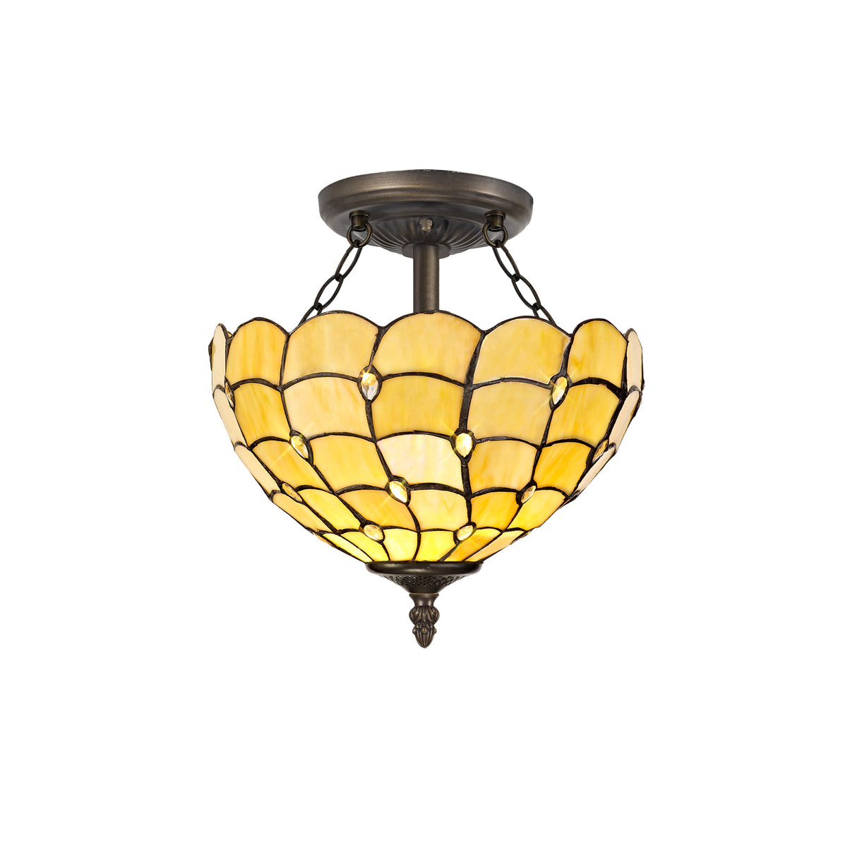 Finney 2 Light Semi Flush E27 With 30cm Tiffany Shade, Beige/Clear Crystal/Aged Antique Brass