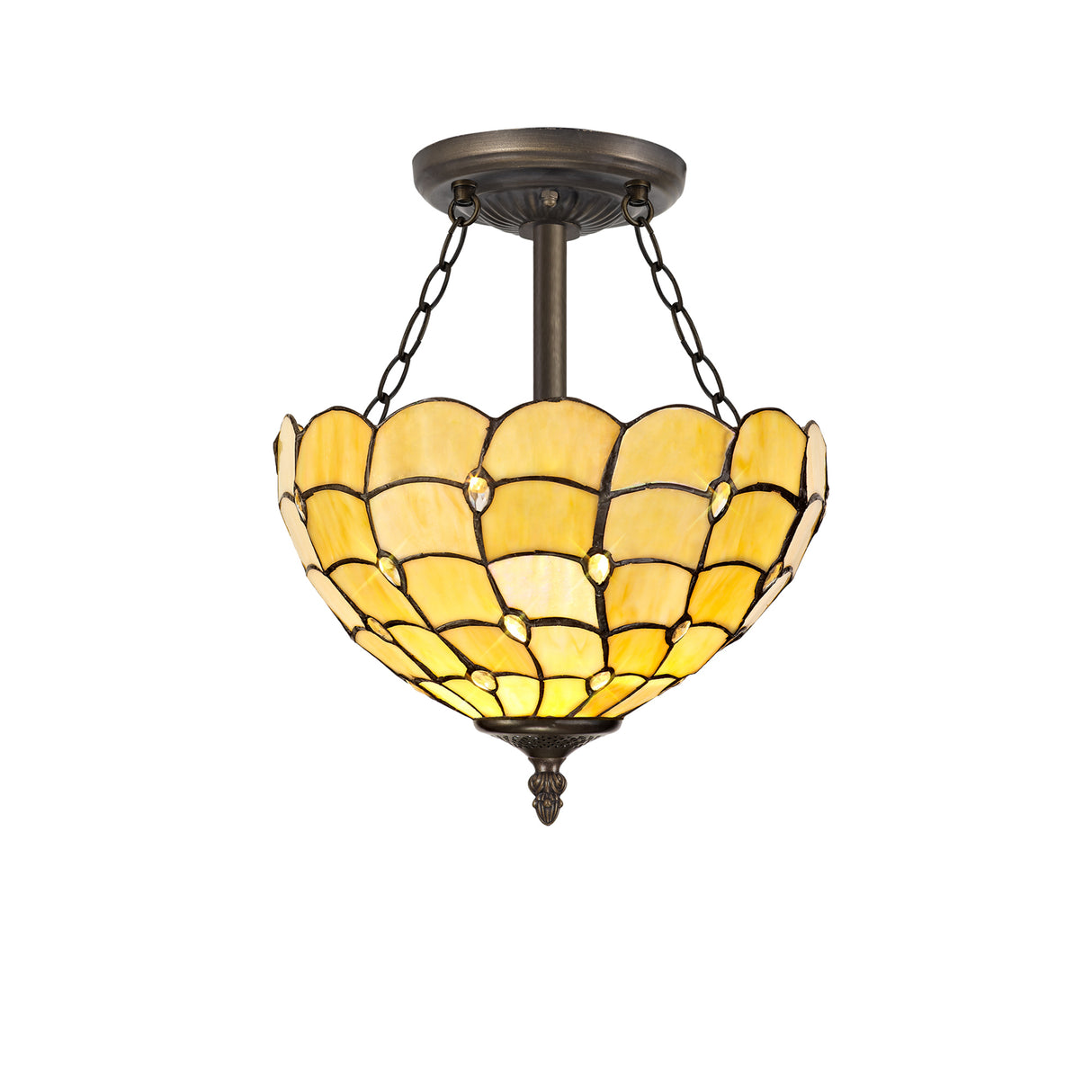 Finney 3 Light Semi Flush E27 With 30cm Tiffany Shade, Beige/Clear Crystal/Aged Antique Brass