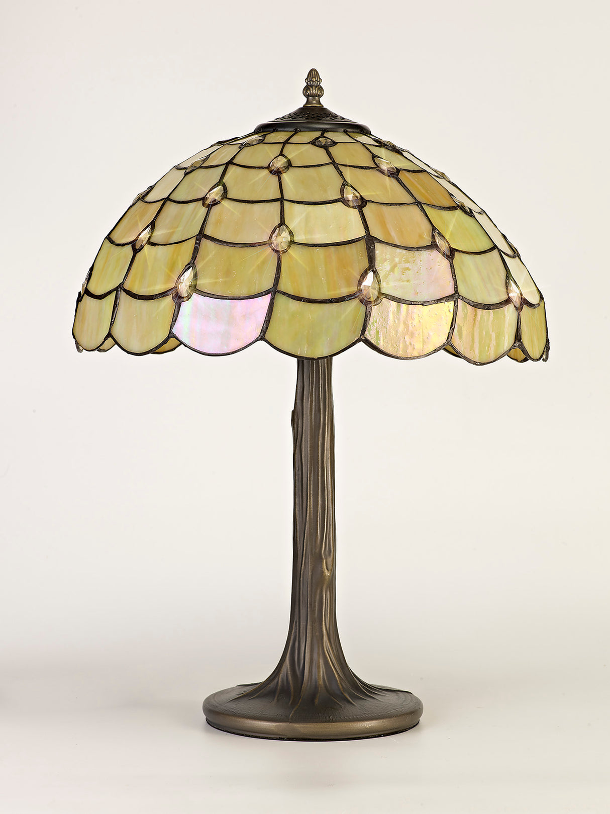 Finney 2 Light Tree Like Table Lamp E27 With 40cm Tiffany Shade, Beige/Clear Crystal/Aged Antique Brass